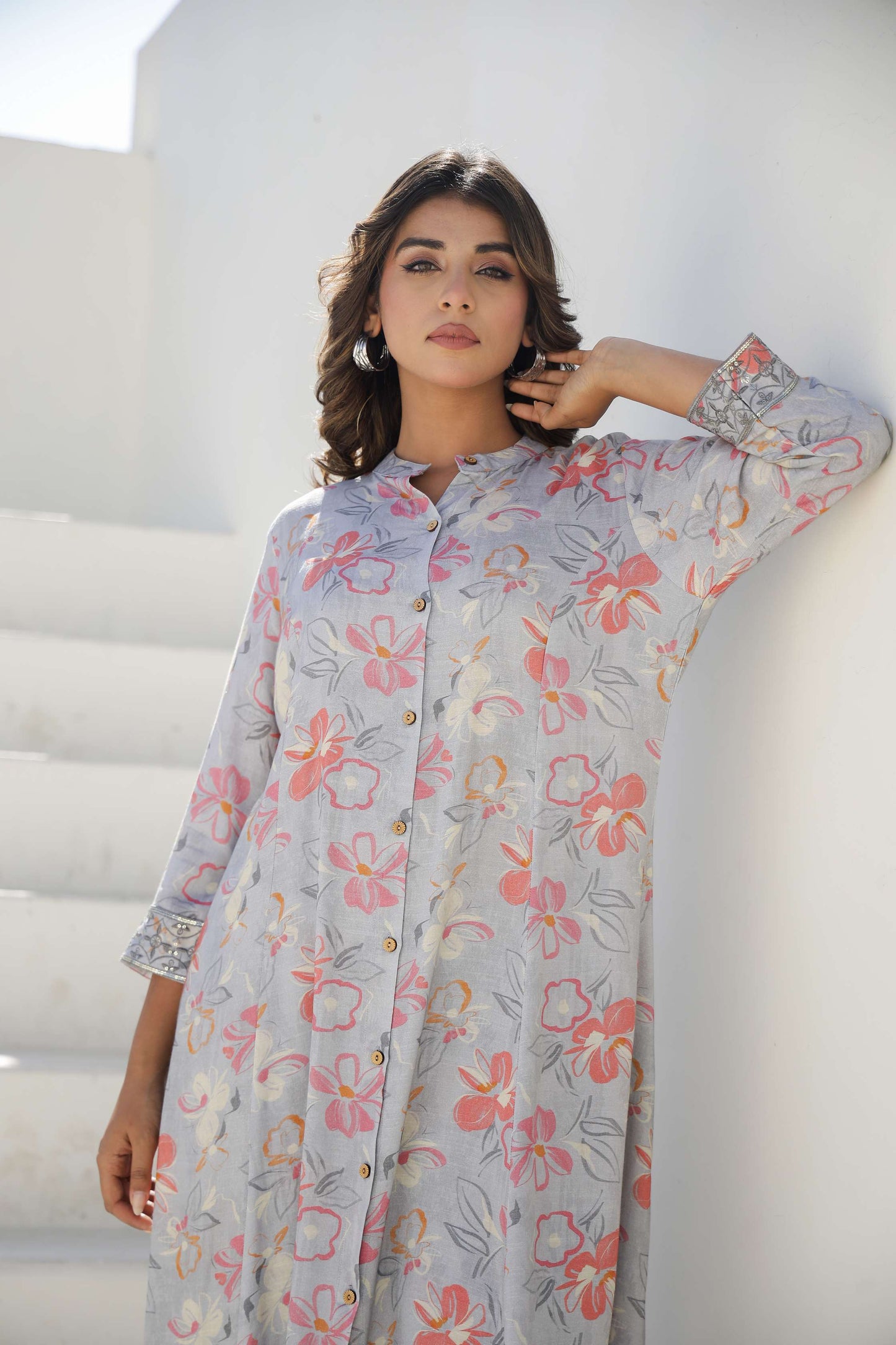 Grey Floral Printed Cotton Kurta Set with Pants