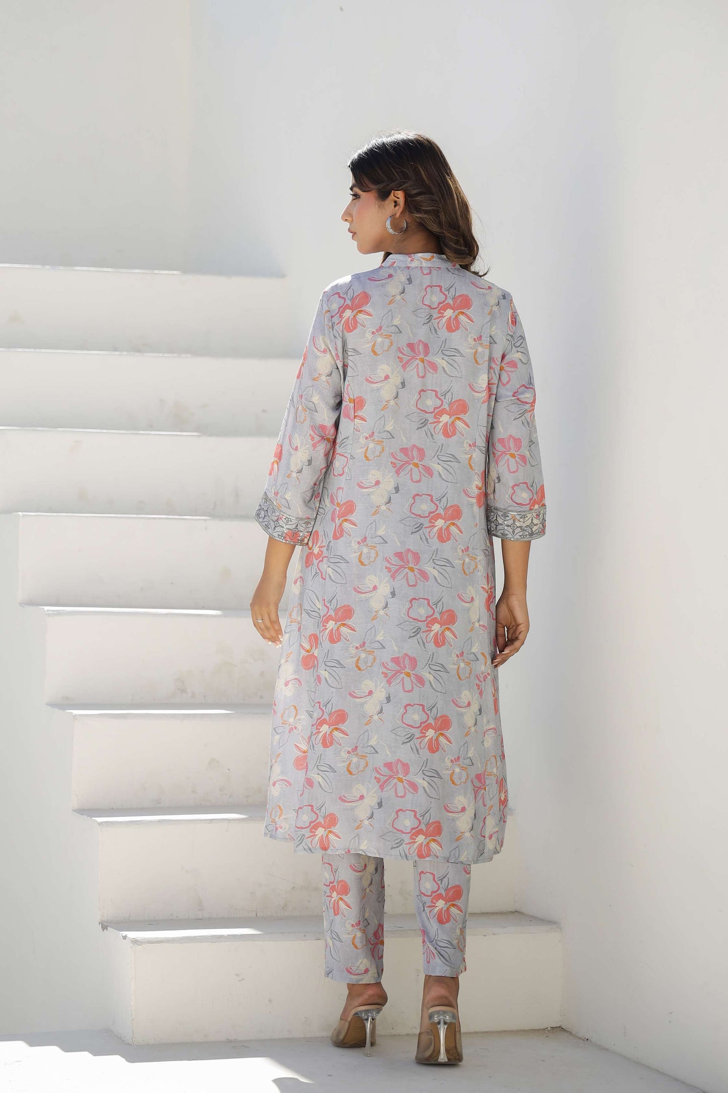 Grey Floral Printed Cotton Kurta Set with Pants
