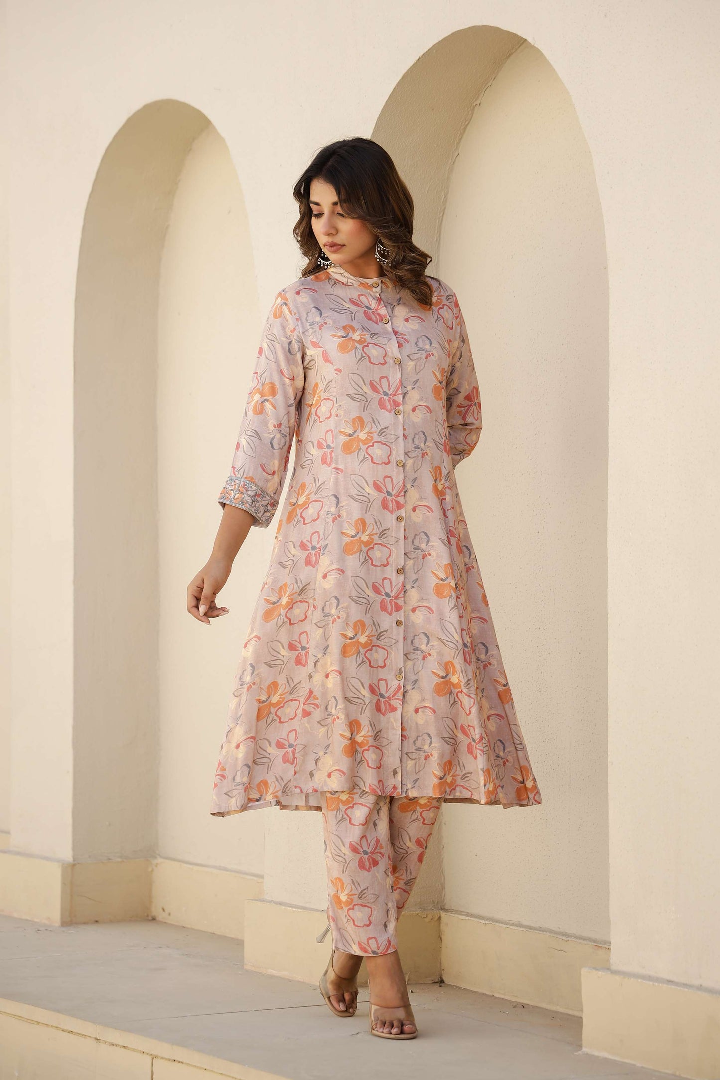 Peach Floral Printed Cotton Kurta Set with Pants