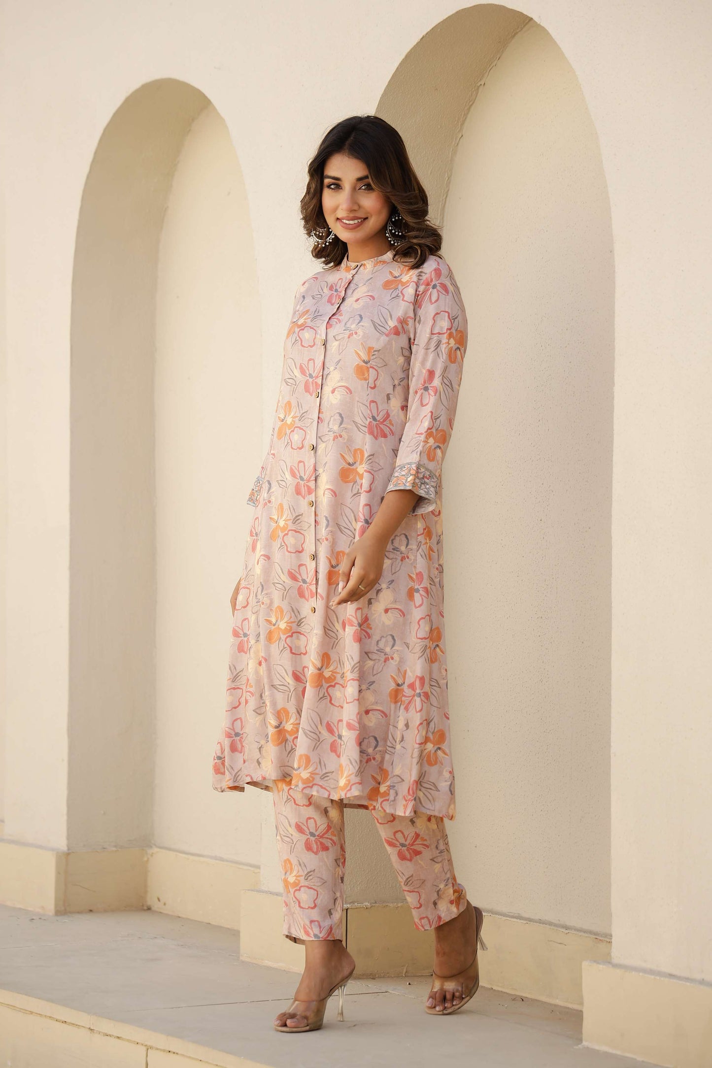Peach Floral Printed Cotton Kurta Set with Pants