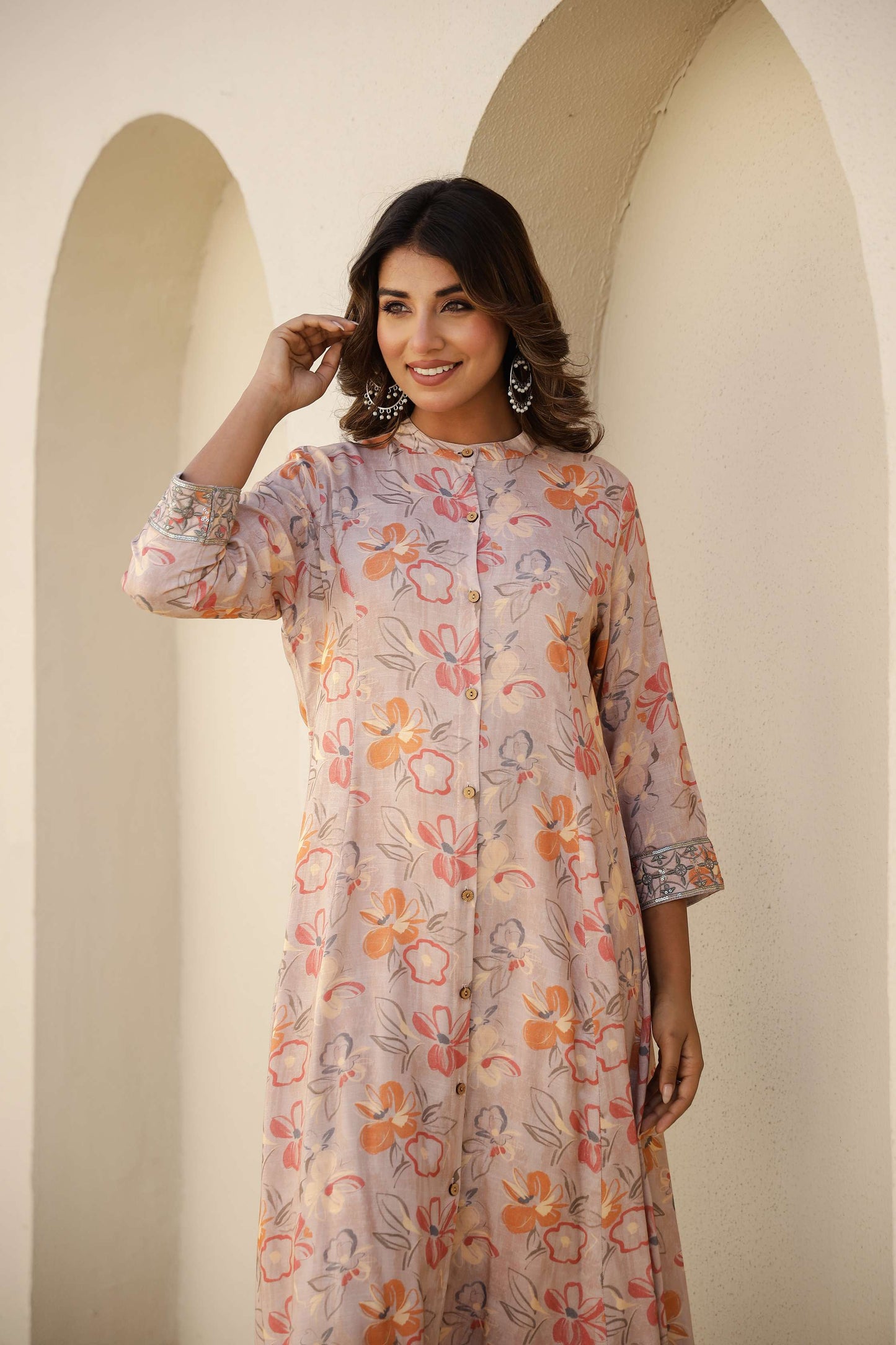 Peach Floral Printed Cotton Kurta Set with Pants