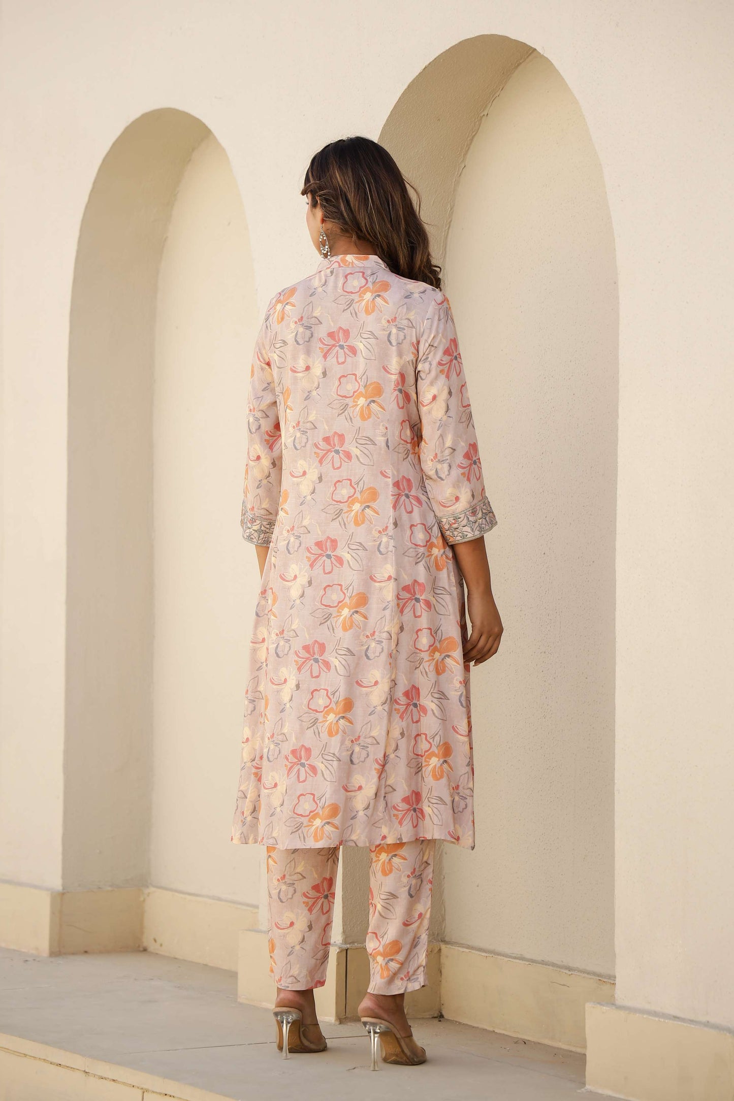 Peach Floral Printed Cotton Kurta Set with Pants