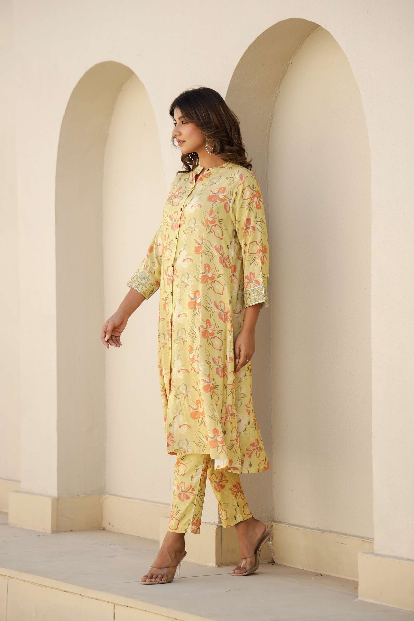 Yellow Floral Printed Cotton Kurta Set with Pants