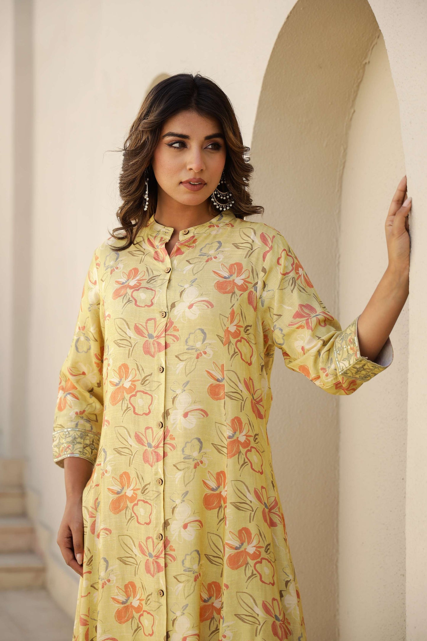 Yellow Floral Printed Cotton Kurta Set with Pants