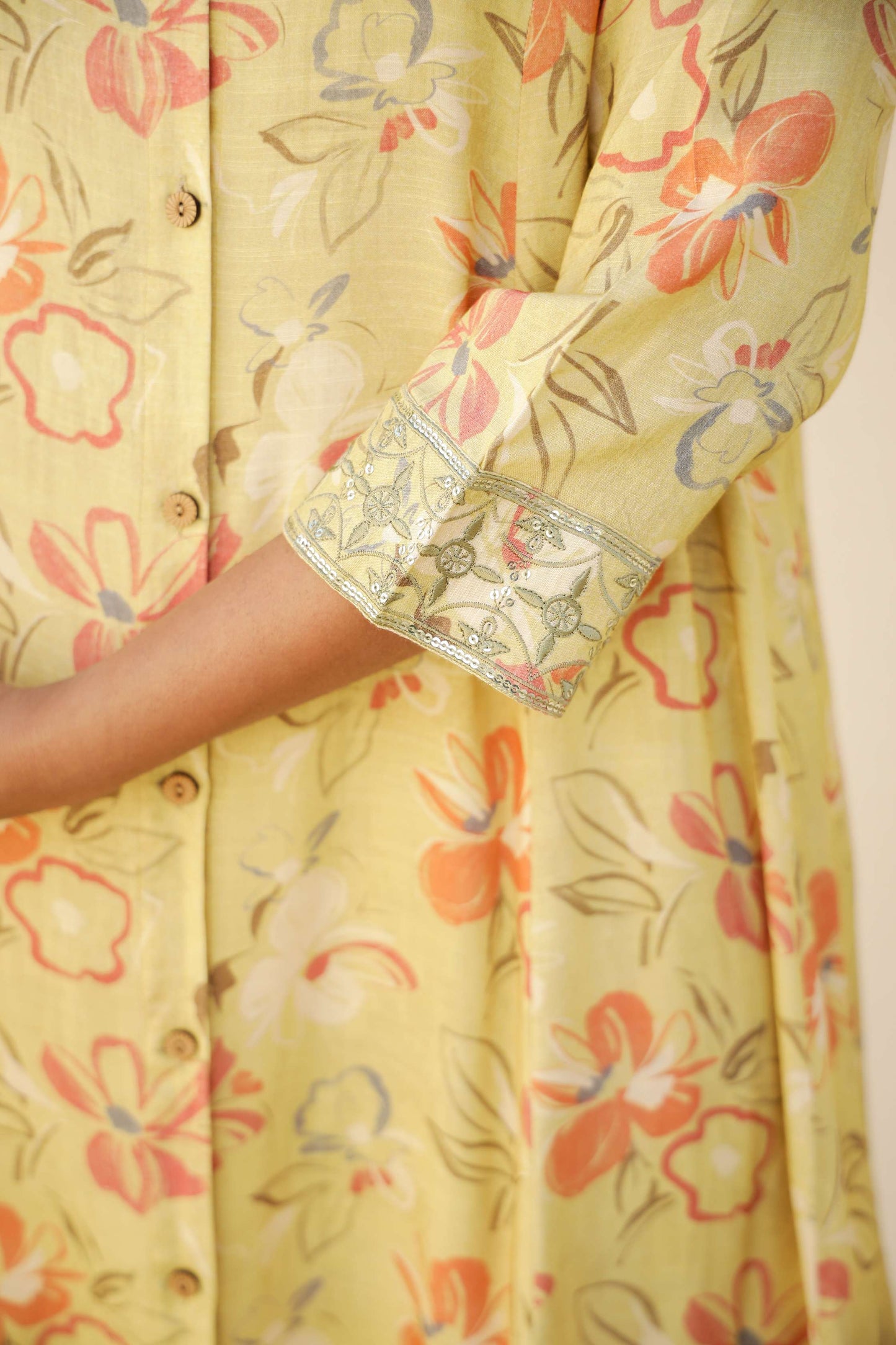 Yellow Floral Printed Cotton Kurta Set with Pants