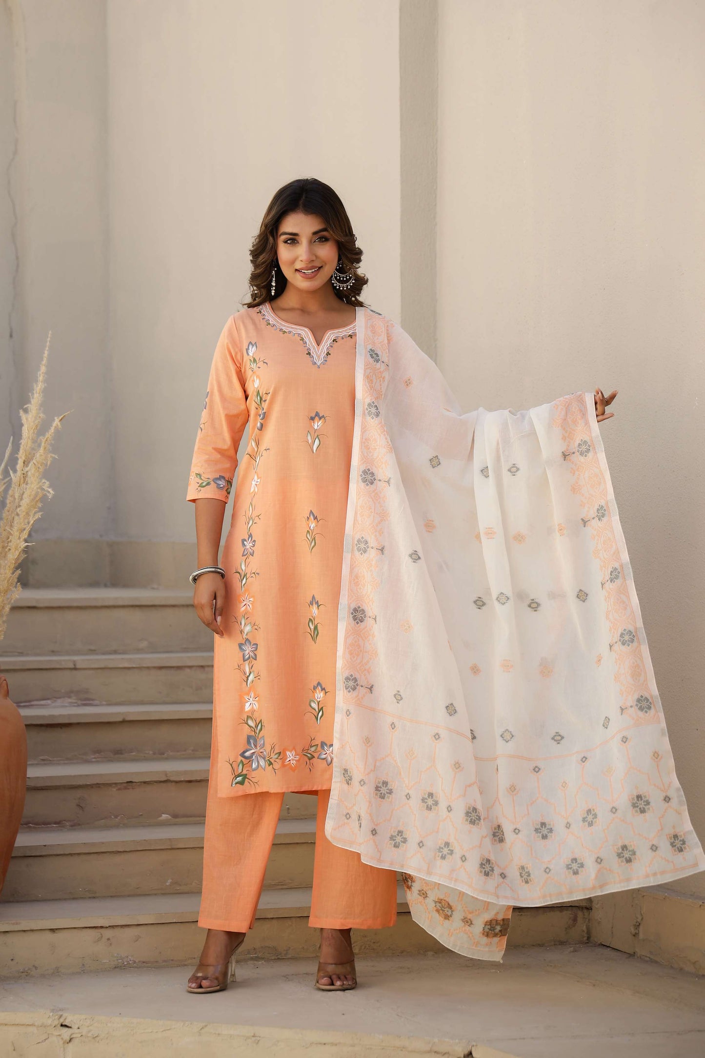 Light Orange Solid Cotton Kurta Set with Embroidered Pocket