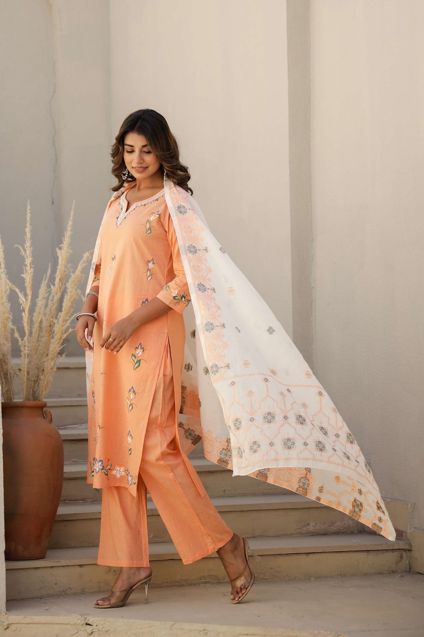 Light Orange Solid Cotton Kurta Set with Embroidered Pocket