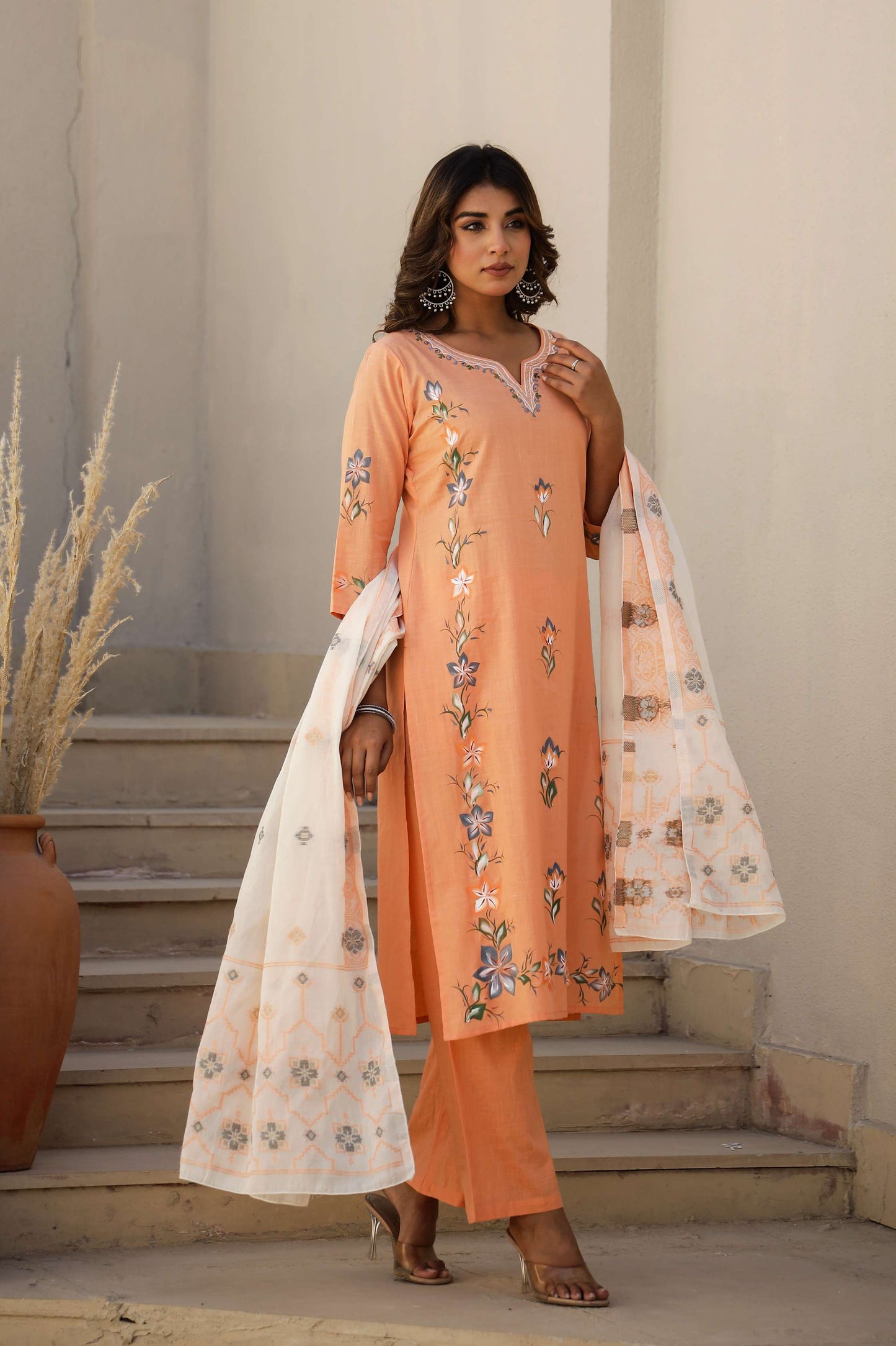 Light Orange Solid Cotton Kurta Set with Embroidered Pocket