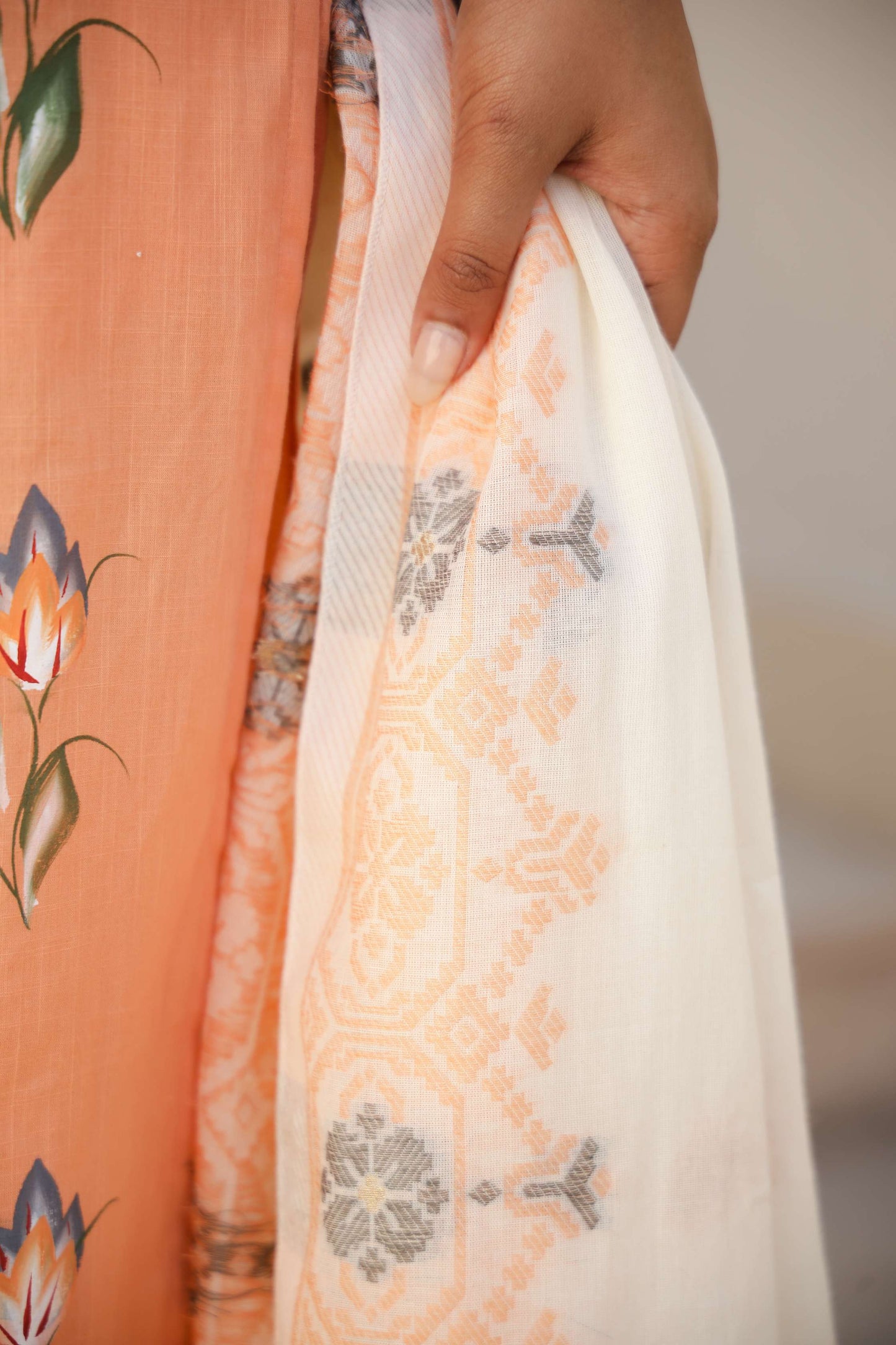 Light Orange Solid Cotton Kurta Set with Embroidered Pocket