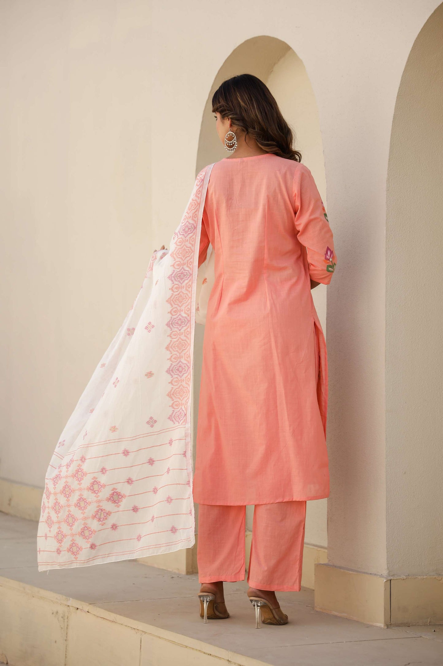 Peach Pink Cotton Kurta Set with Elegant Embroidery