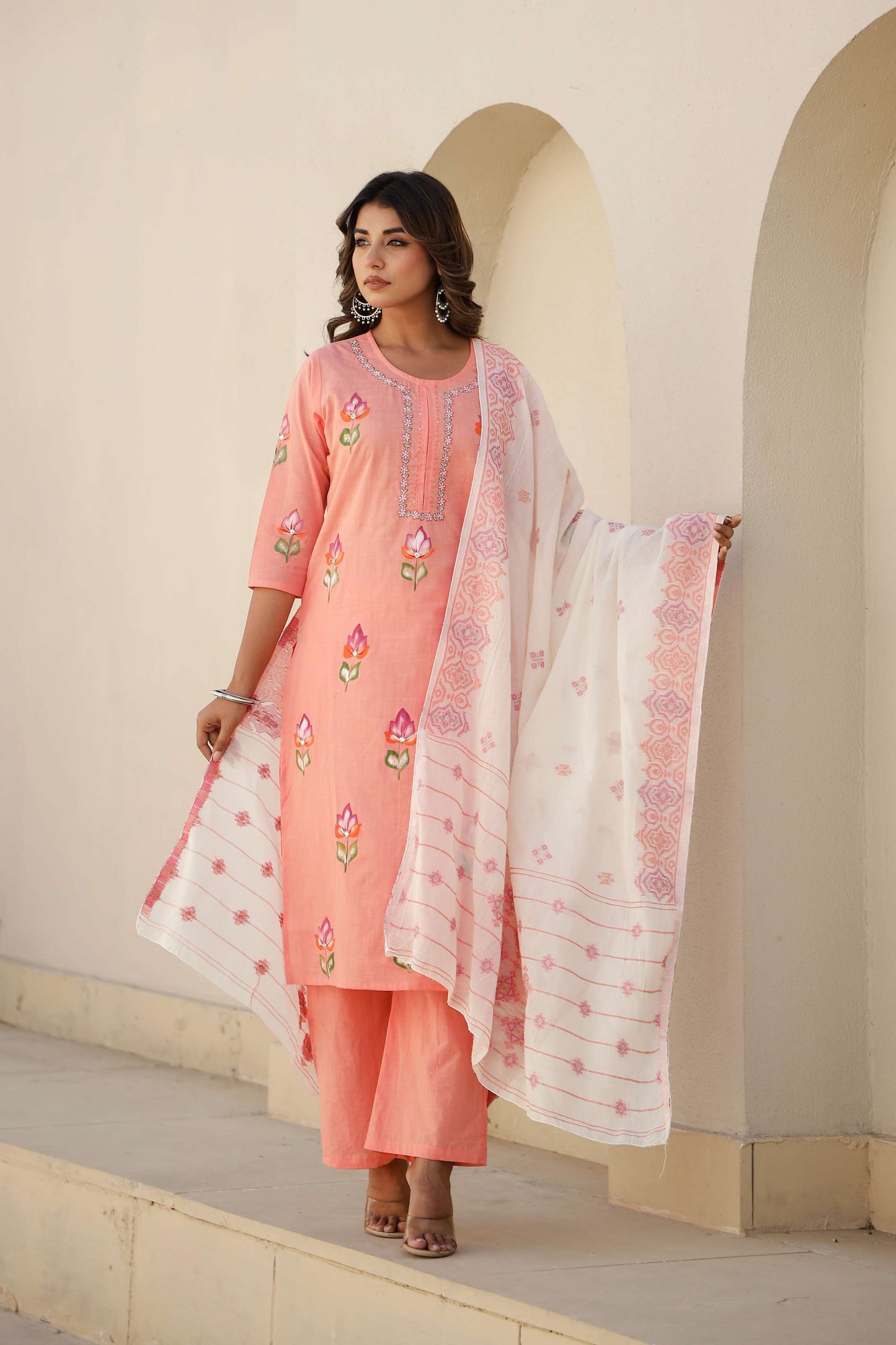Peach Pink Cotton Kurta Set with Elegant Embroidery