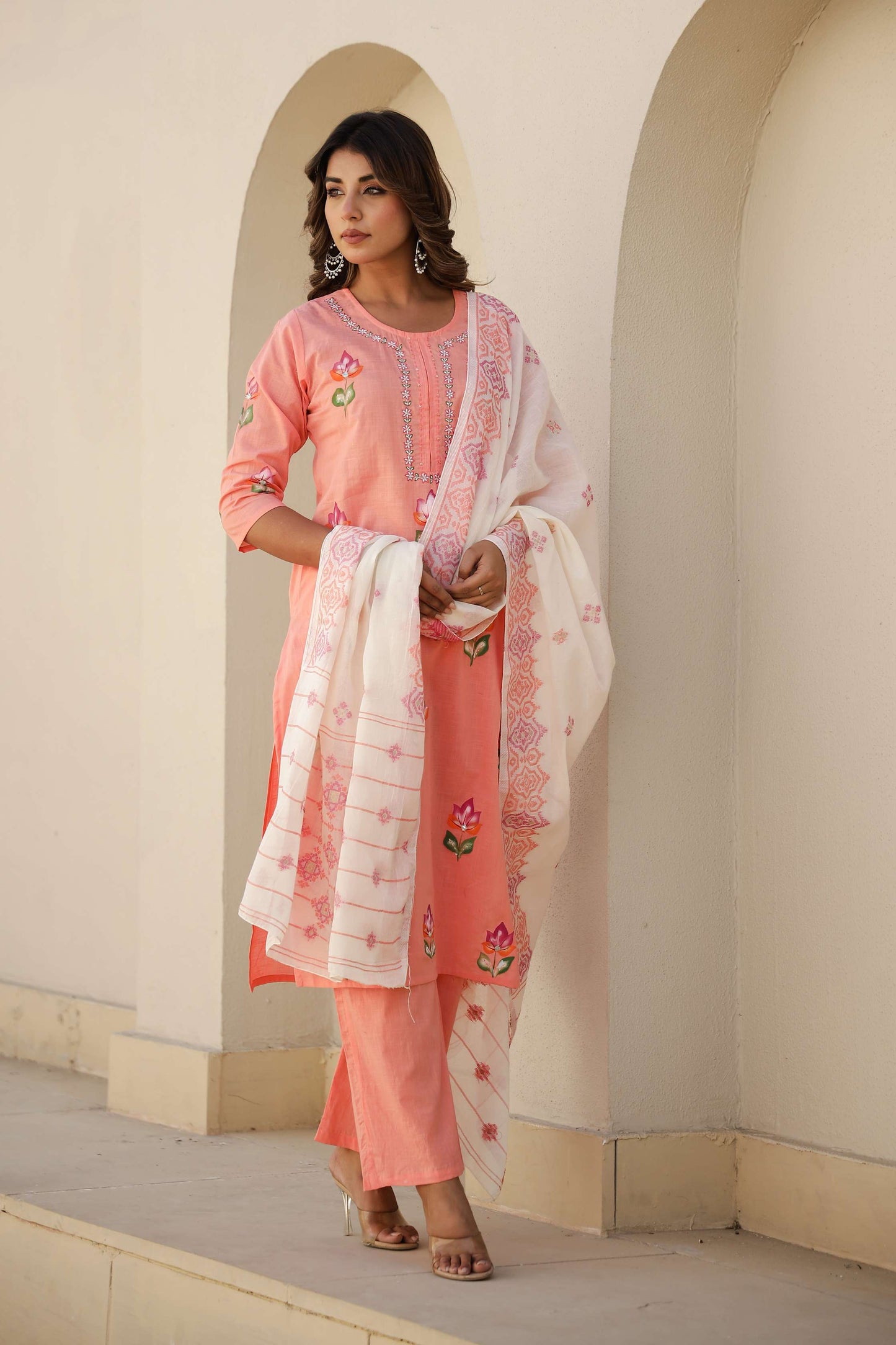 Peach Pink Cotton Kurta Set with Elegant Embroidery