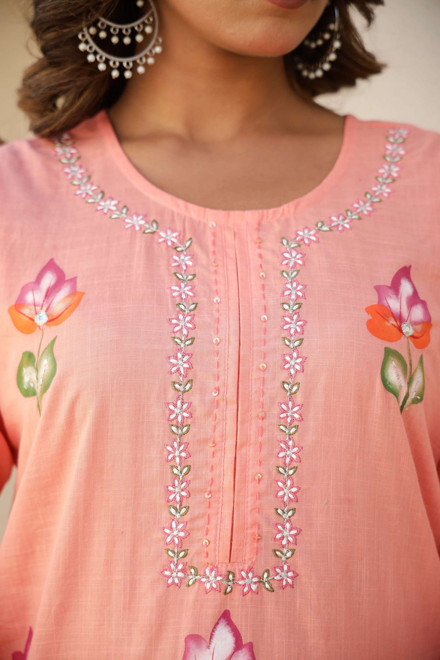 Peach Pink Cotton Kurta Set with Elegant Embroidery