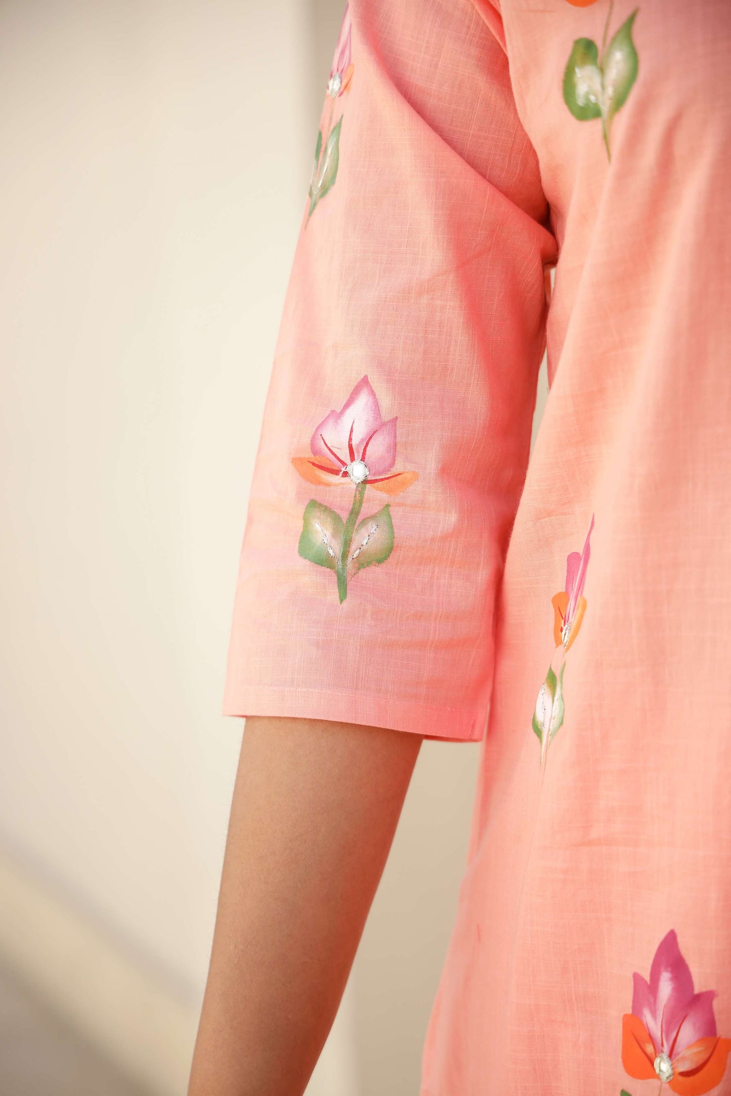 Peach Pink Cotton Kurta Set with Elegant Embroidery