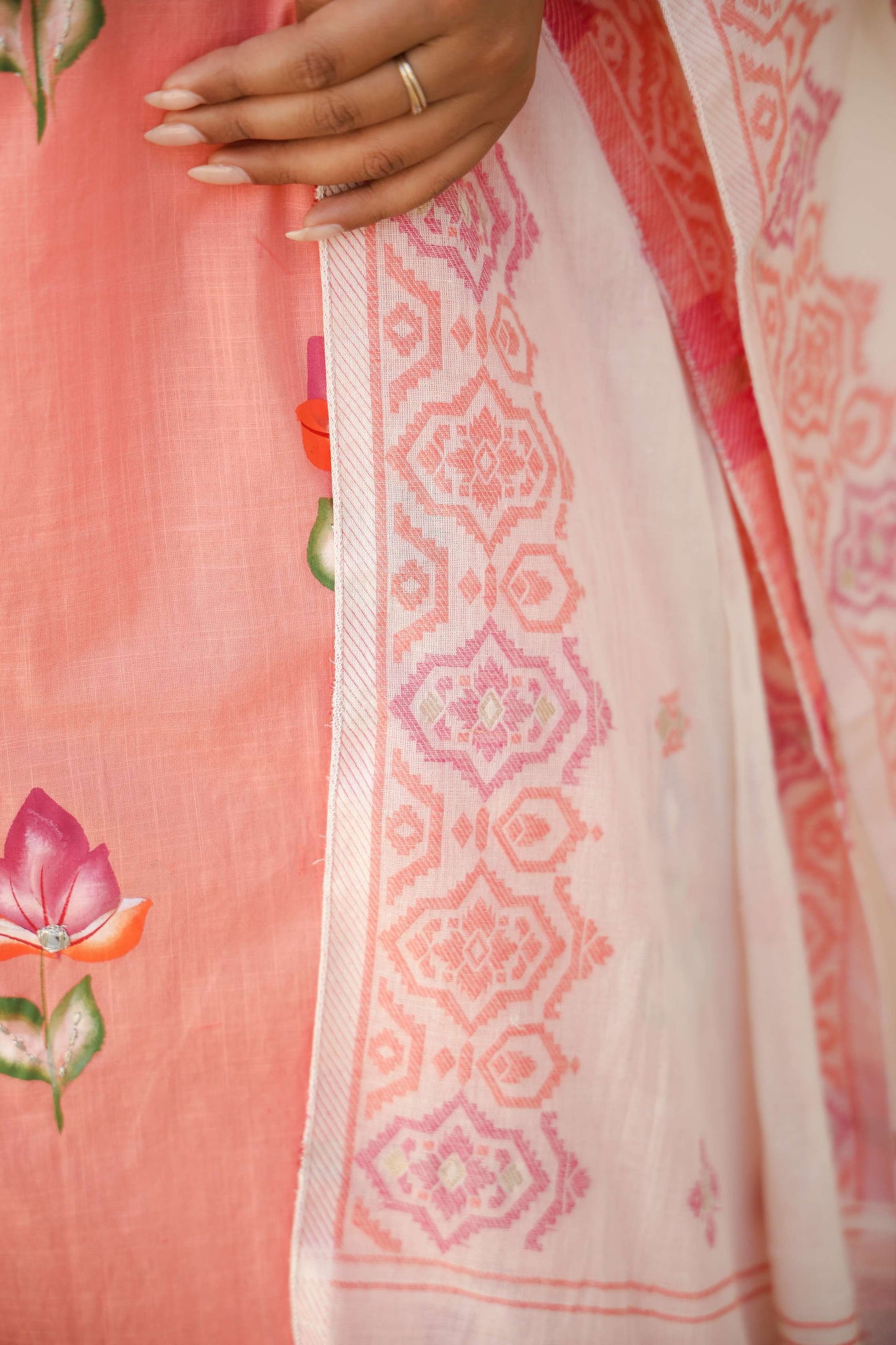 Peach Pink Cotton Kurta Set with Elegant Embroidery