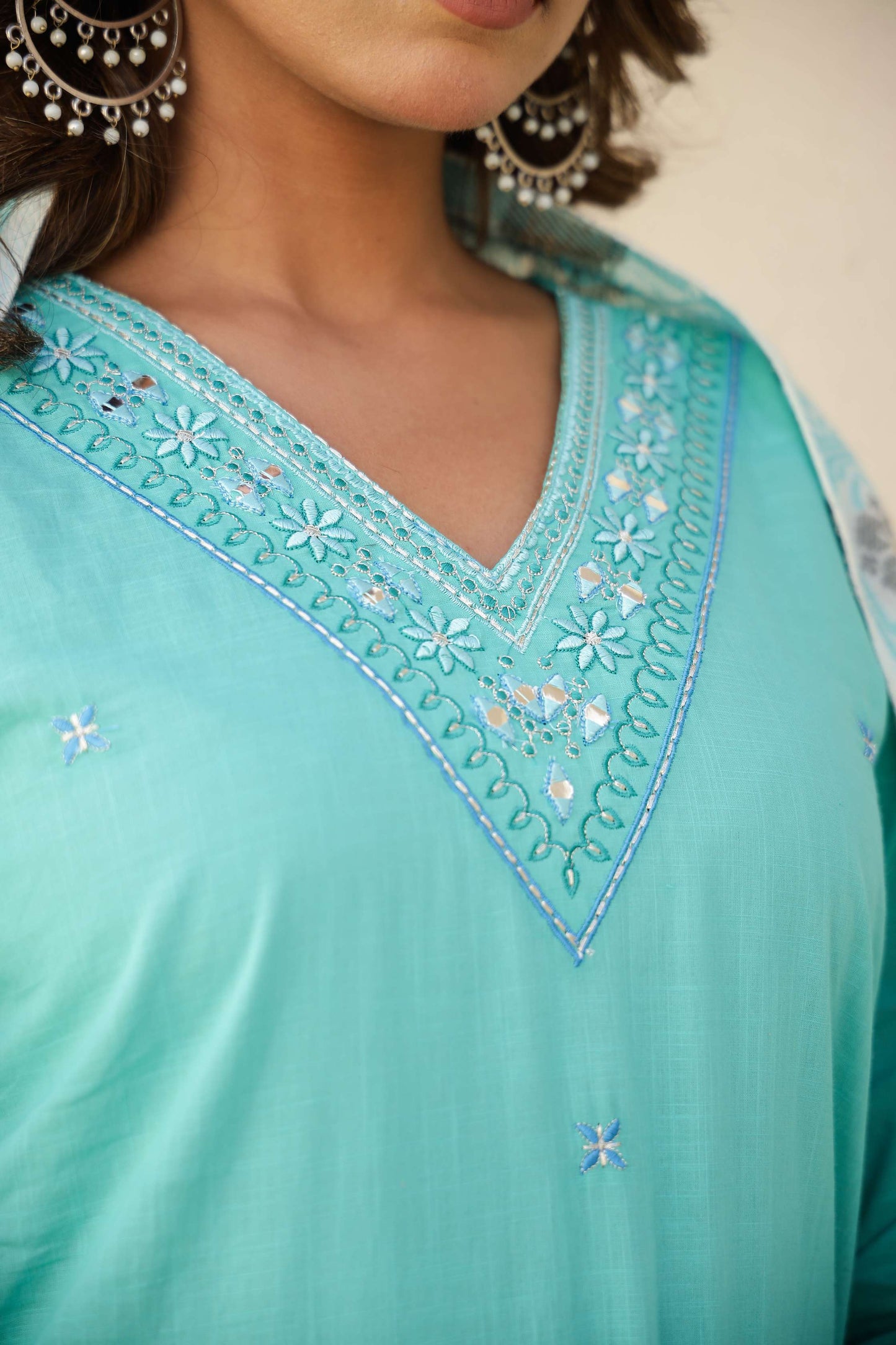 Sky Blue Solid Cotton Kurta Set with Embroidered Pocket