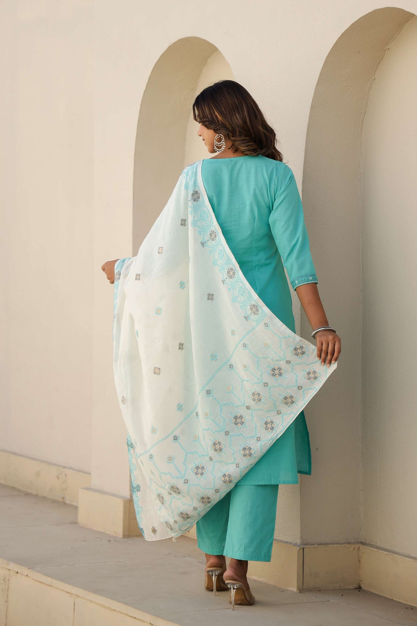 Sky Blue Solid Cotton Kurta Set with Embroidered Pocket