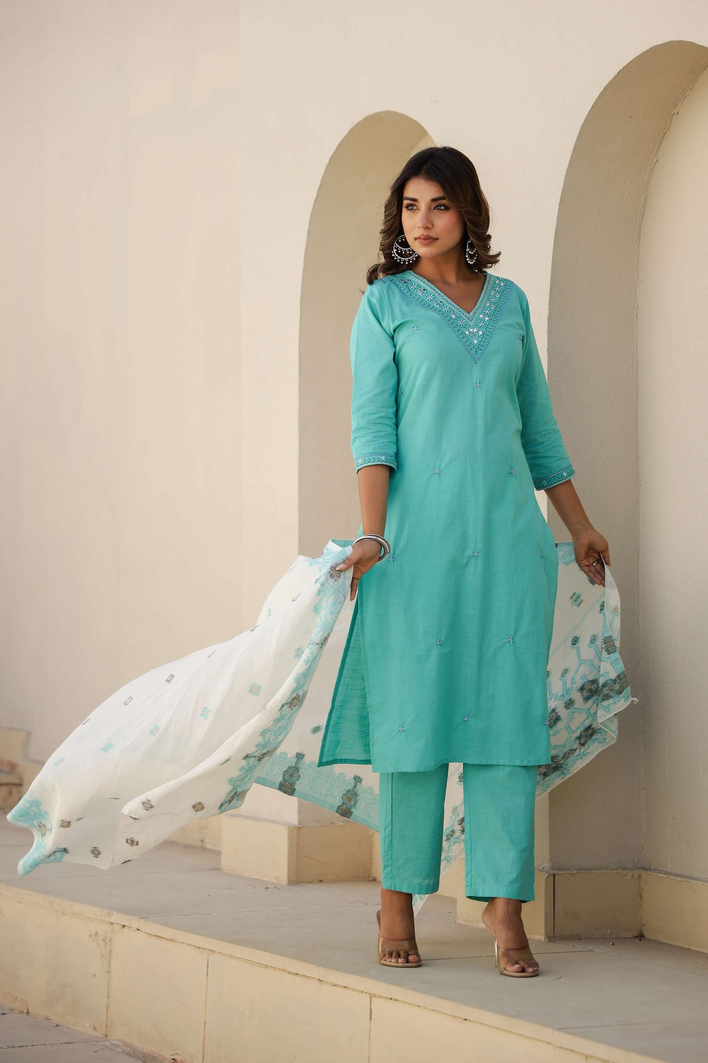 Sky Blue Solid Cotton Kurta Set with Embroidered Pocket