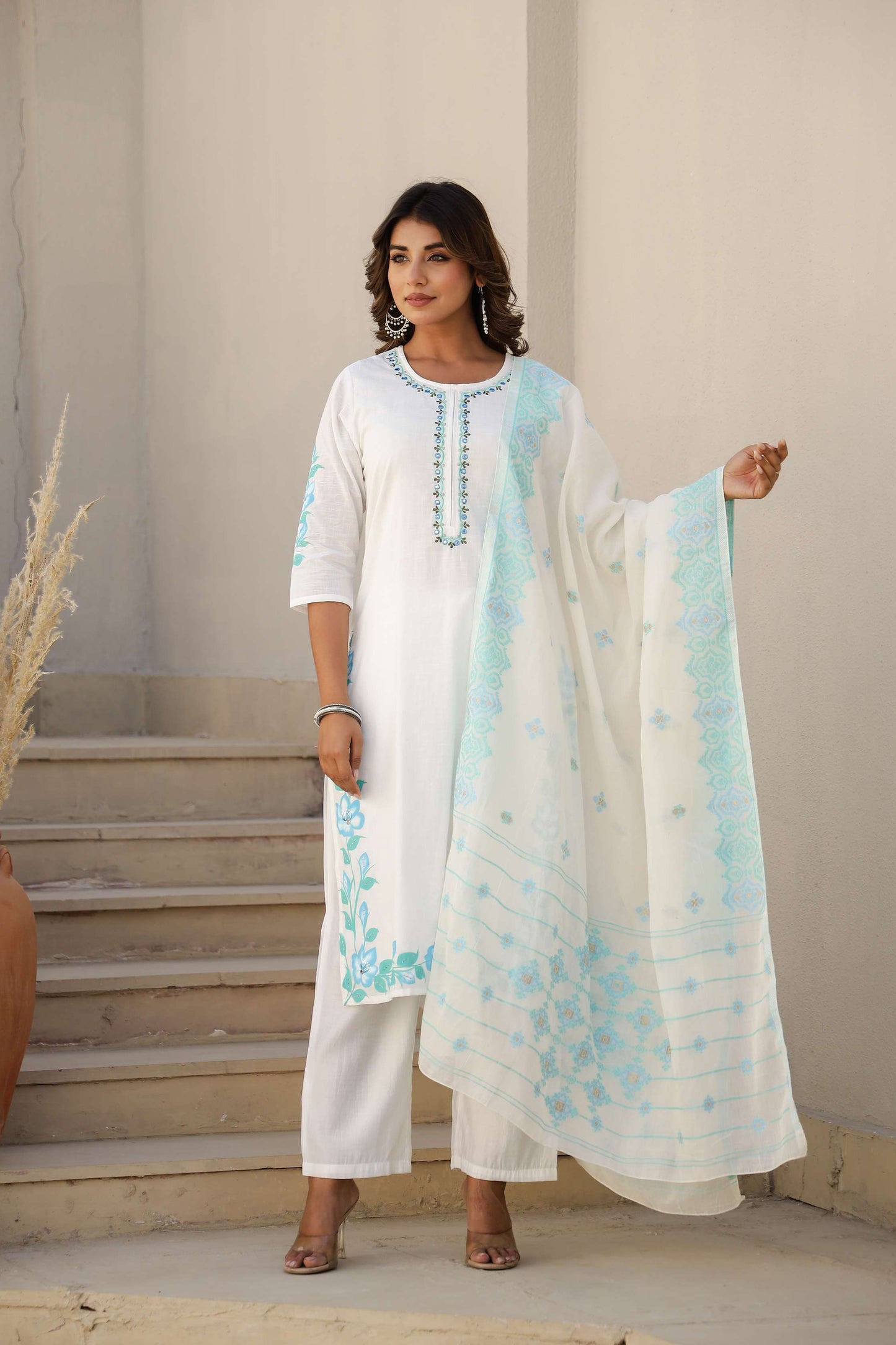 White Cotton Kurta Set with Sky Blue Embroidery