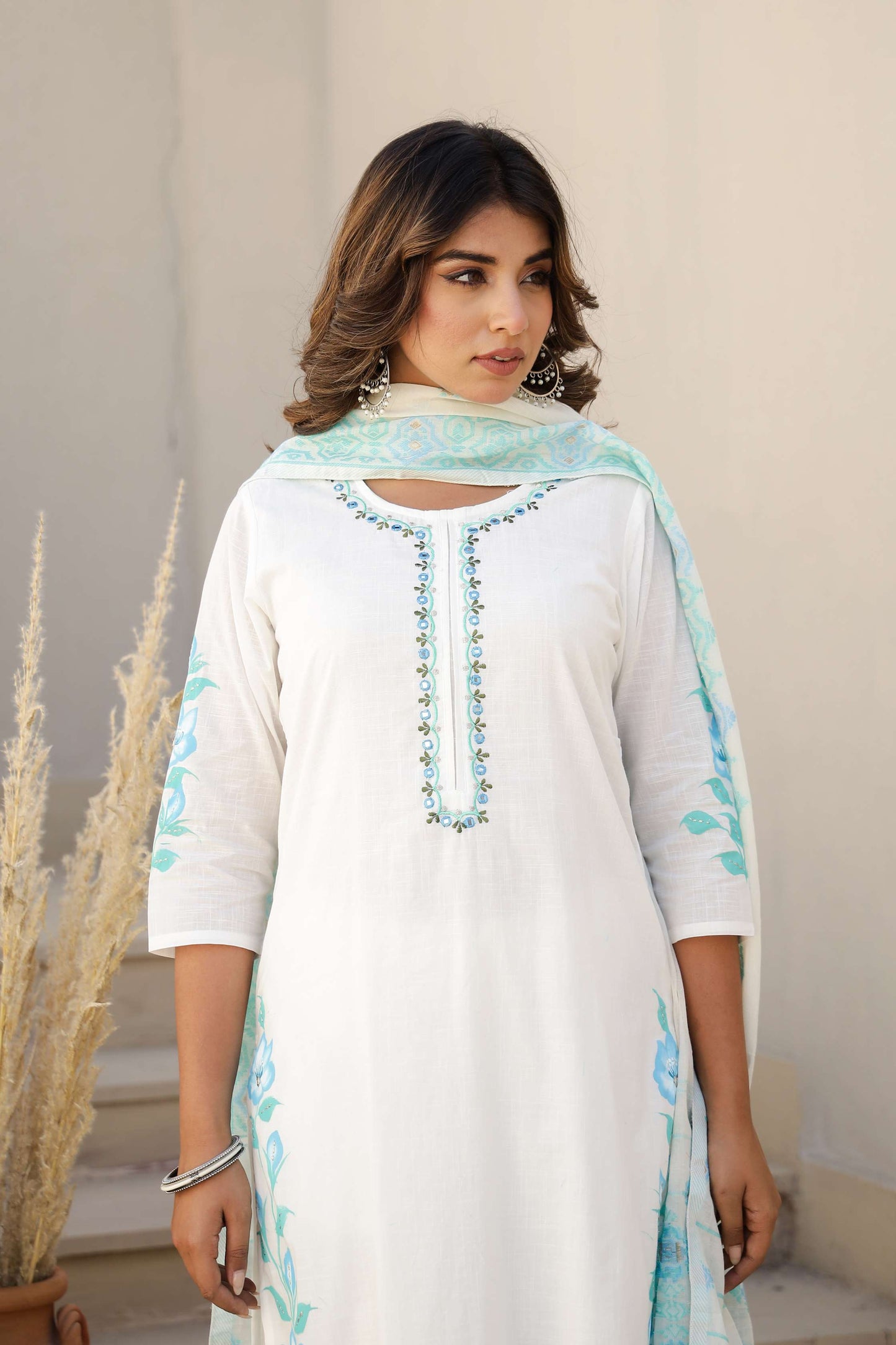 White Cotton Kurta Set with Sky Blue Embroidery
