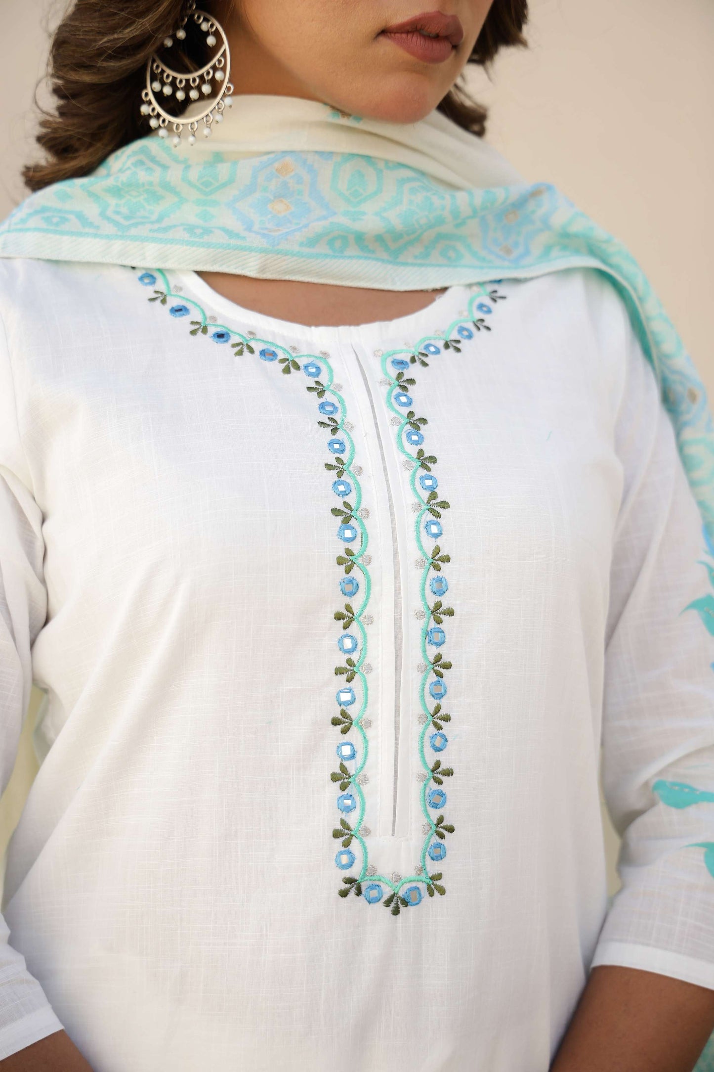 White Cotton Kurta Set with Sky Blue Embroidery