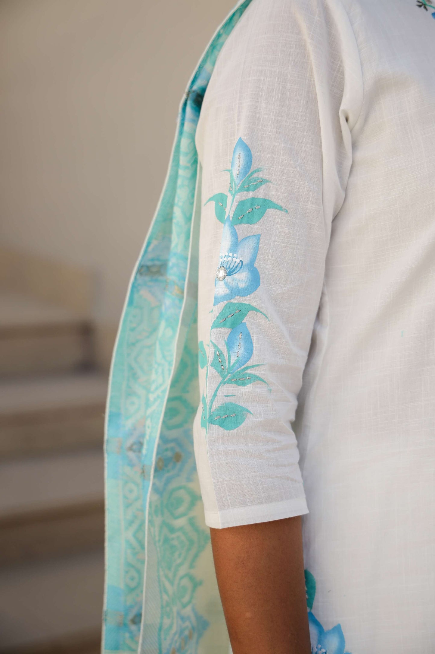 White Cotton Kurta Set with Sky Blue Embroidery