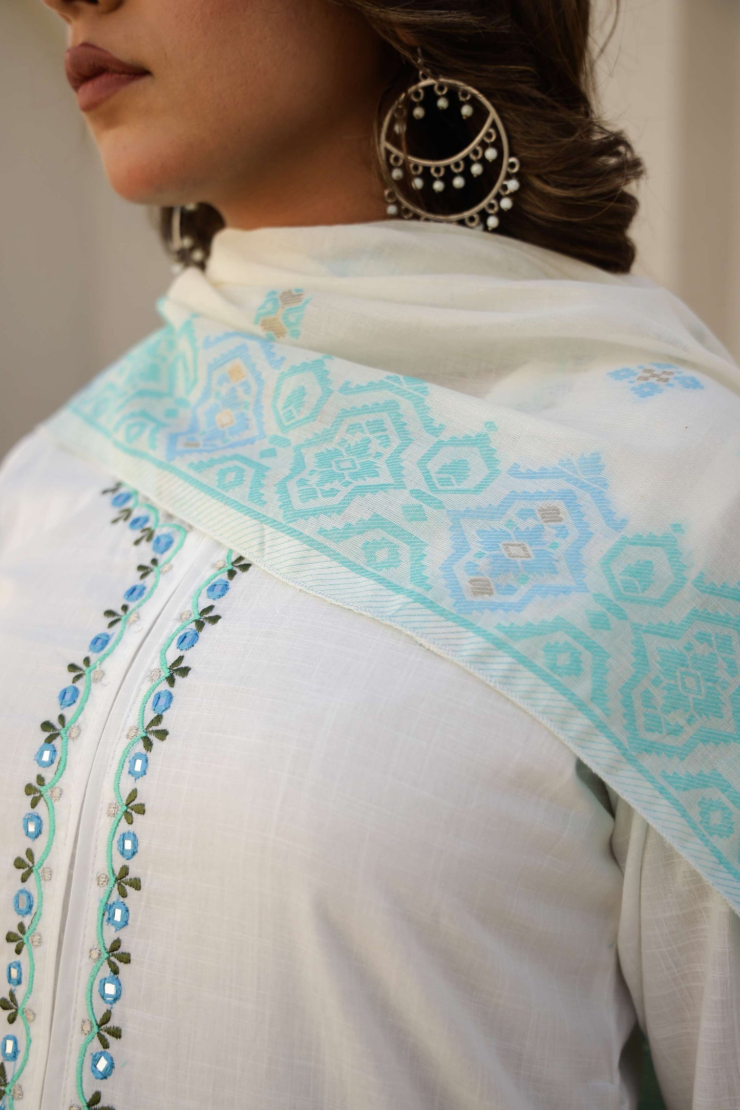 White Cotton Kurta Set with Sky Blue Embroidery