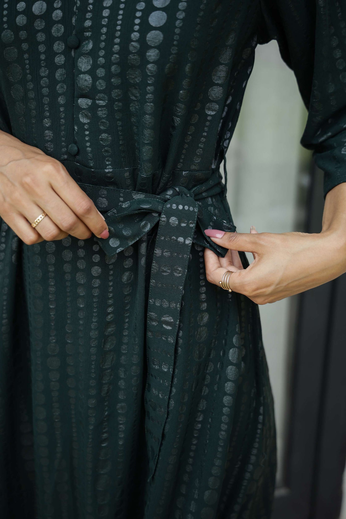 Bottle Green Printed Midi Dress with Belt & Button Front