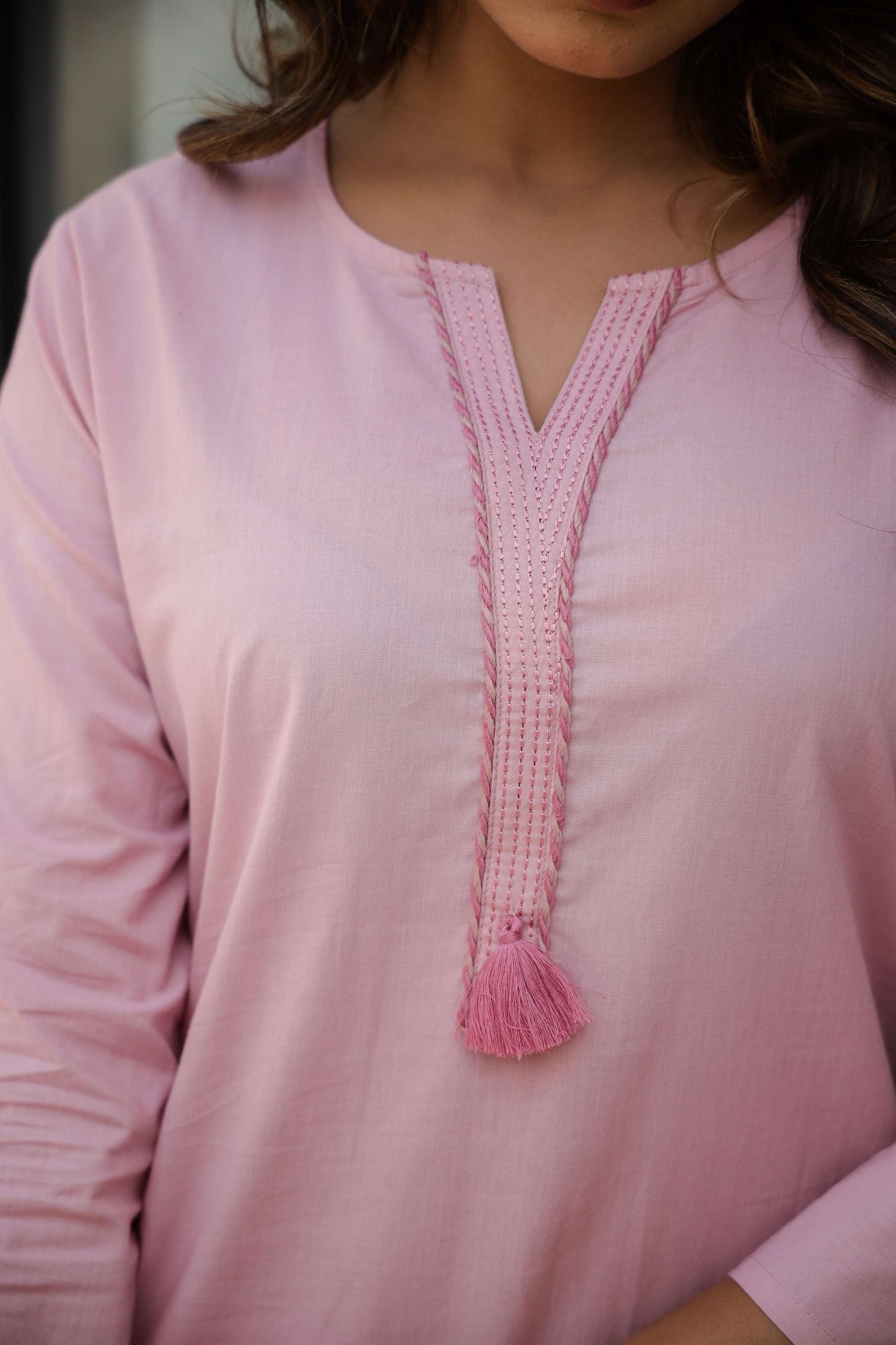Pink Solid Cotton Kurta Set with Embroidered Pocket