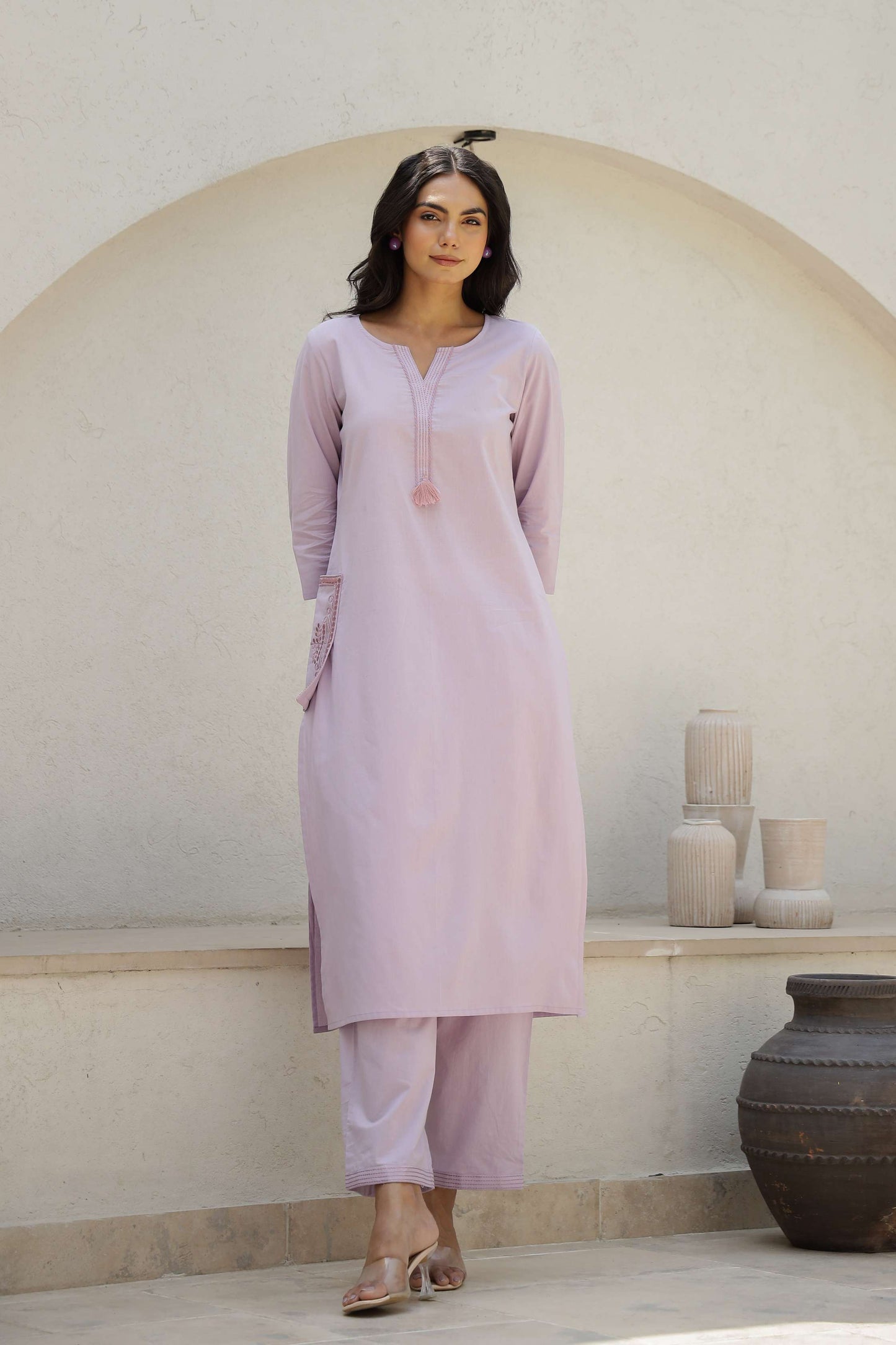 Purple Solid Cotton Kurta Set with Embroidered Pocket