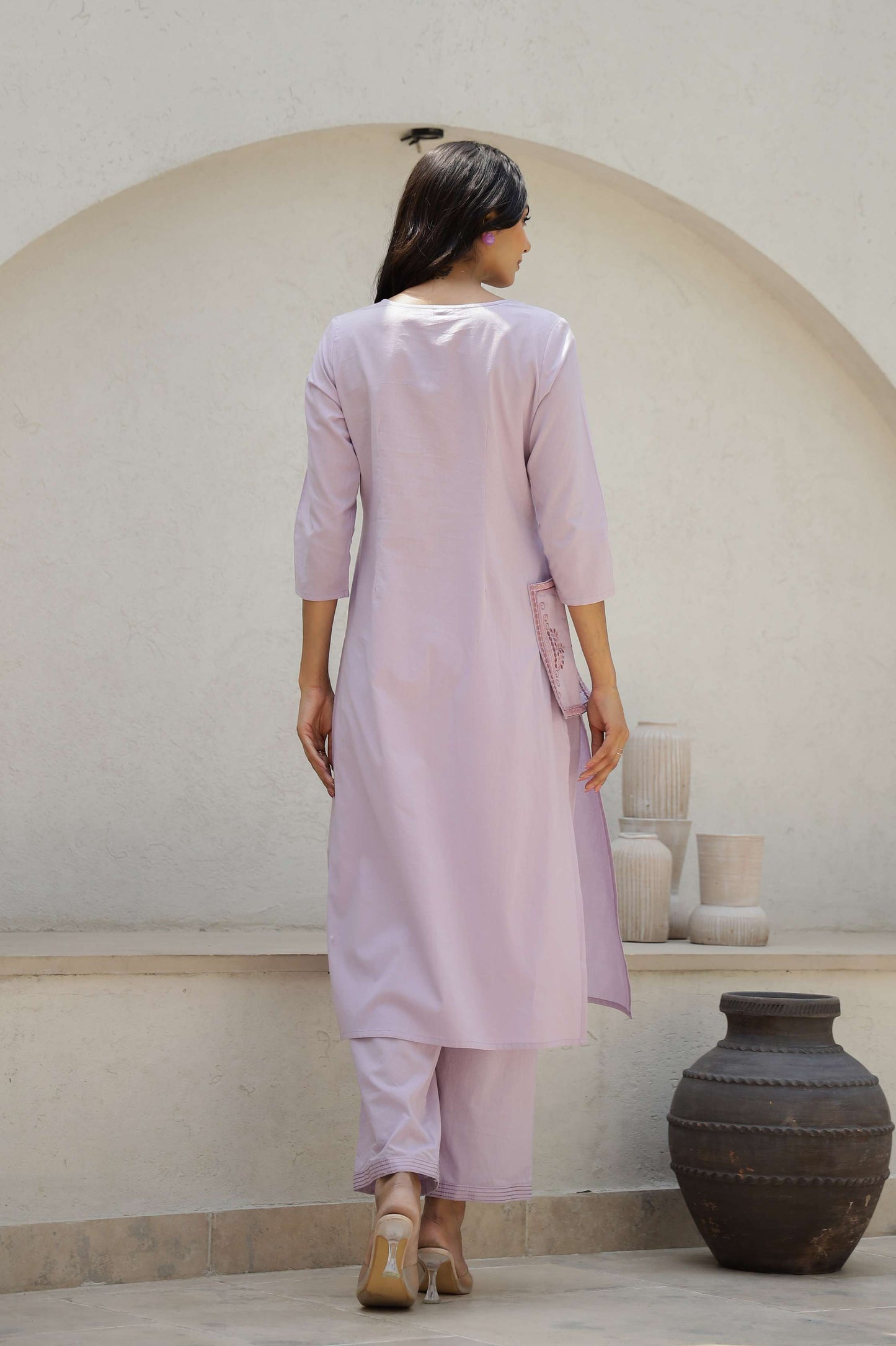 Purple Solid Cotton Kurta Set with Embroidered Pocket