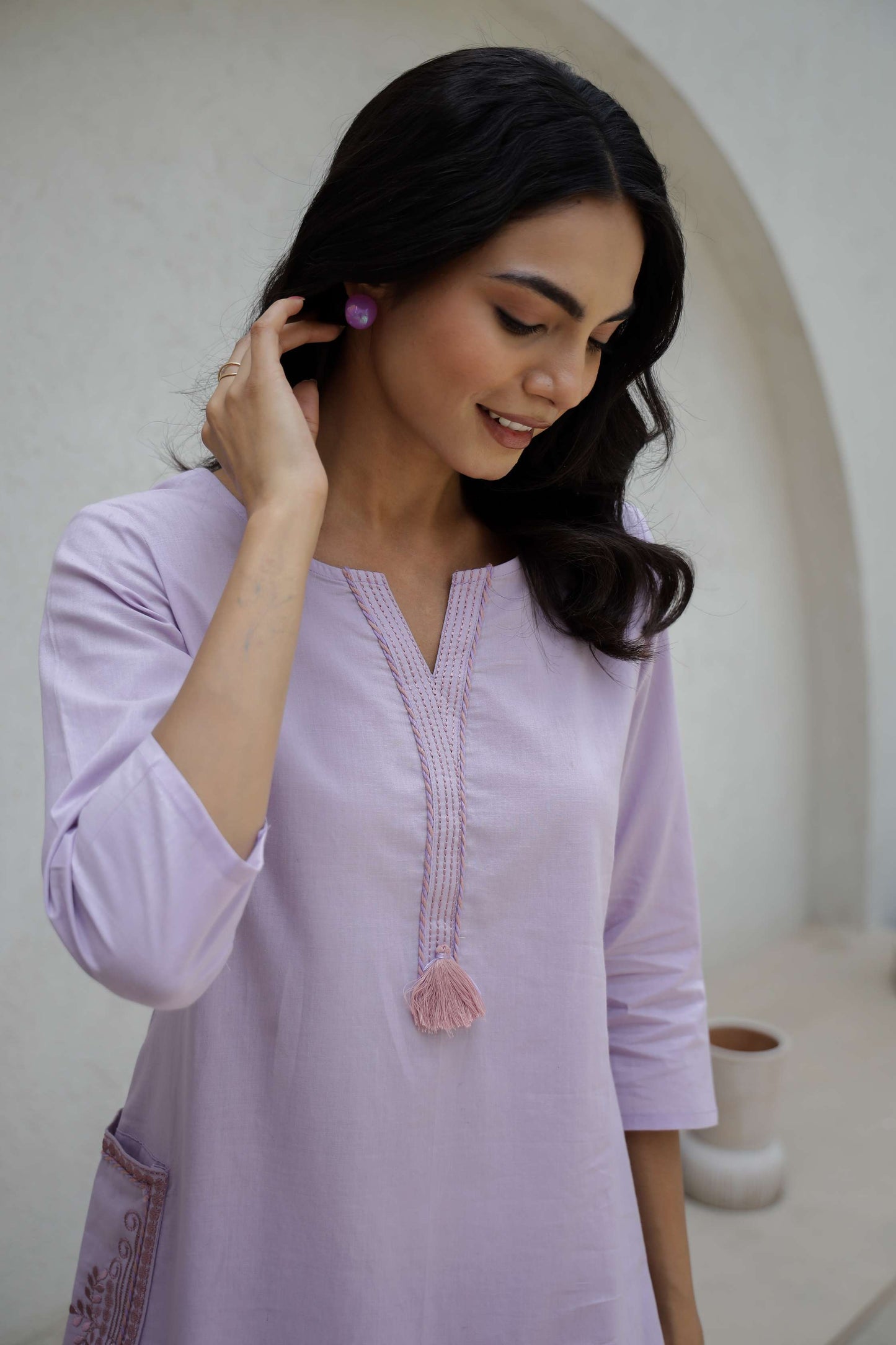 Purple Solid Cotton Kurta Set with Embroidered Pocket