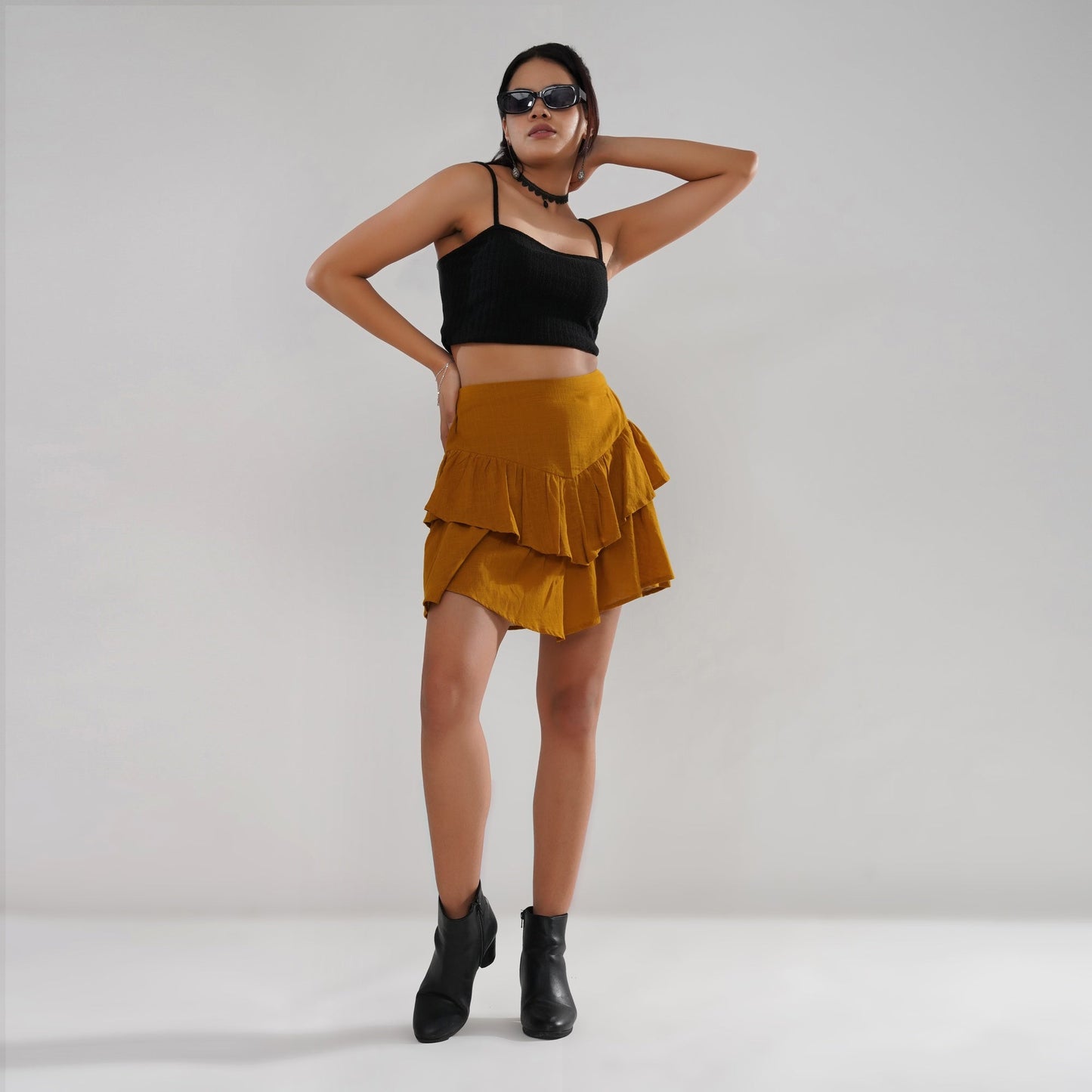 Asymmetrical Ruffle Cotton Slub Skirt in Mustard