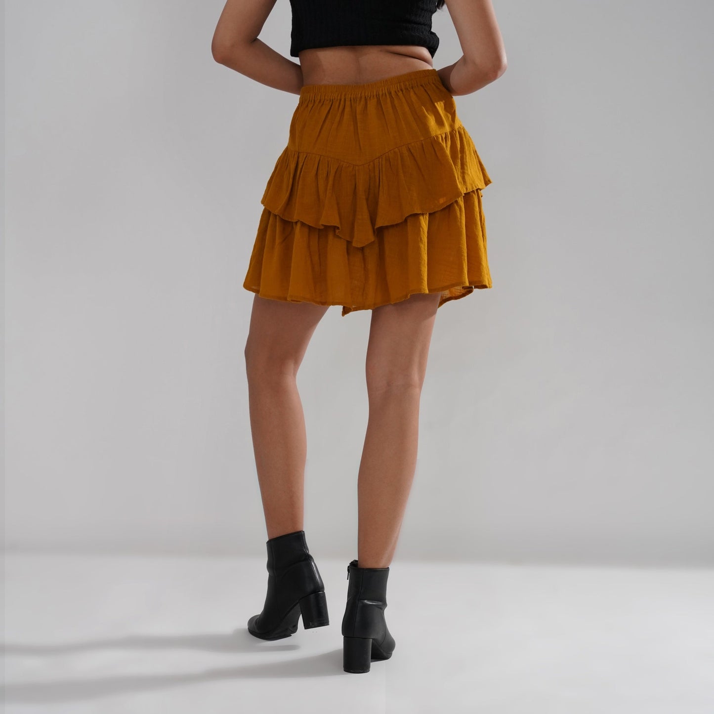 Asymmetrical Ruffle Cotton Slub Skirt in Mustard