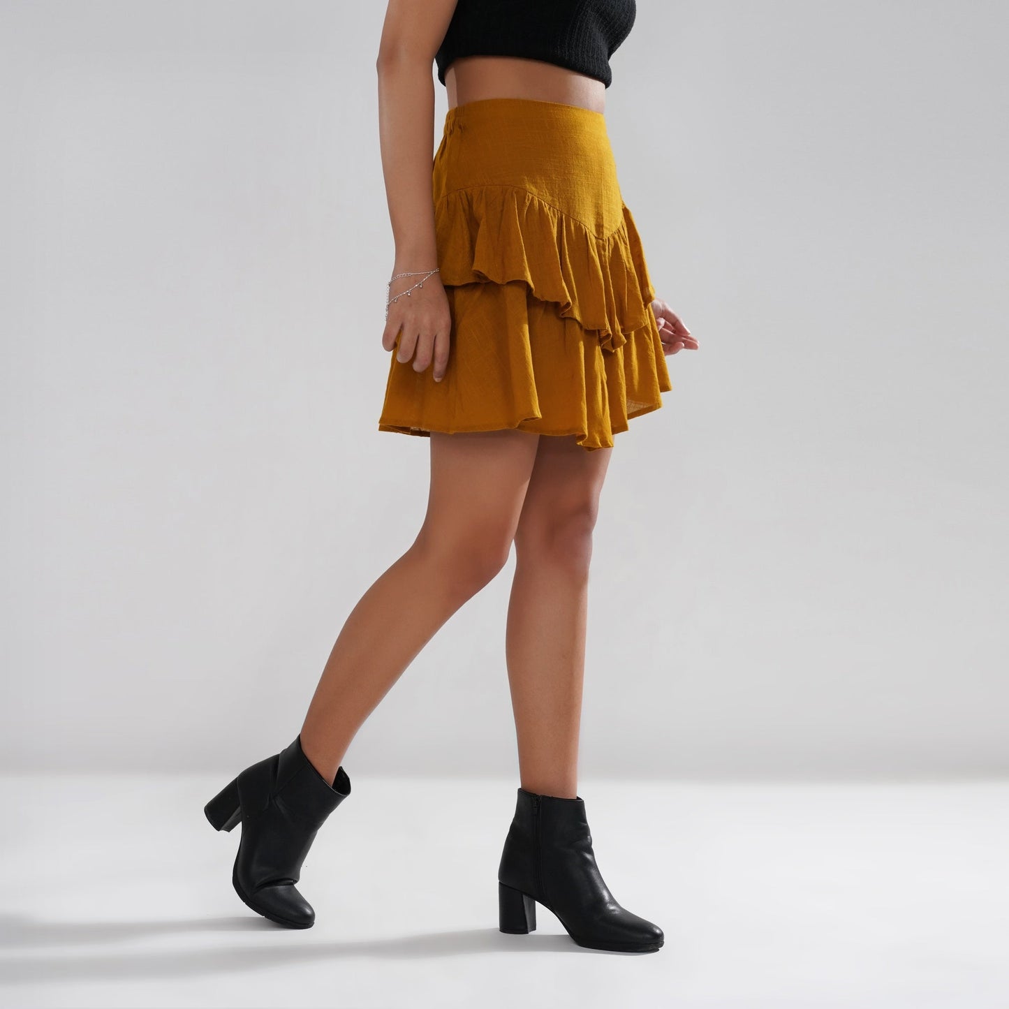 Asymmetrical Ruffle Cotton Slub Skirt in Mustard