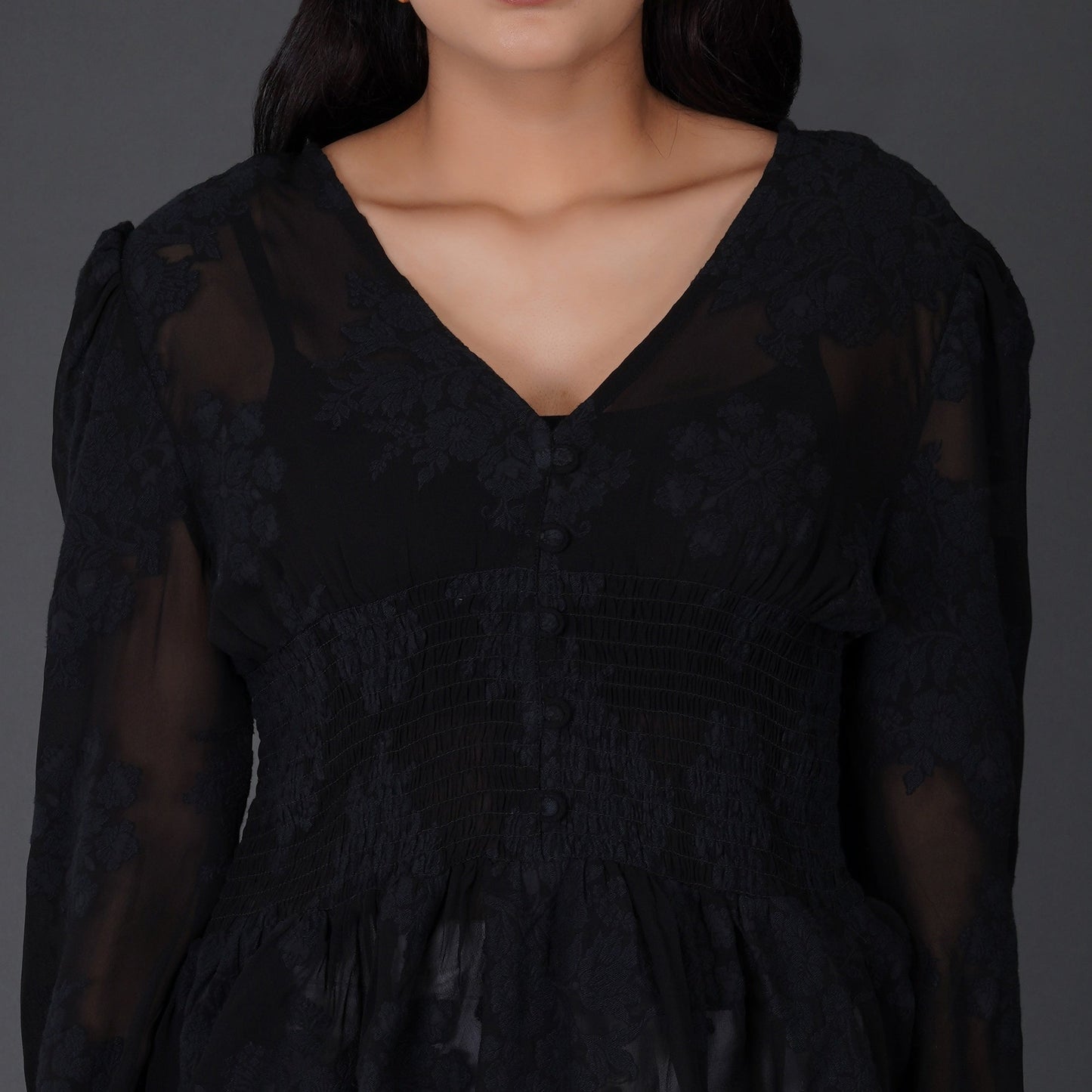 Black Floral Textured Georgette Peplum Top