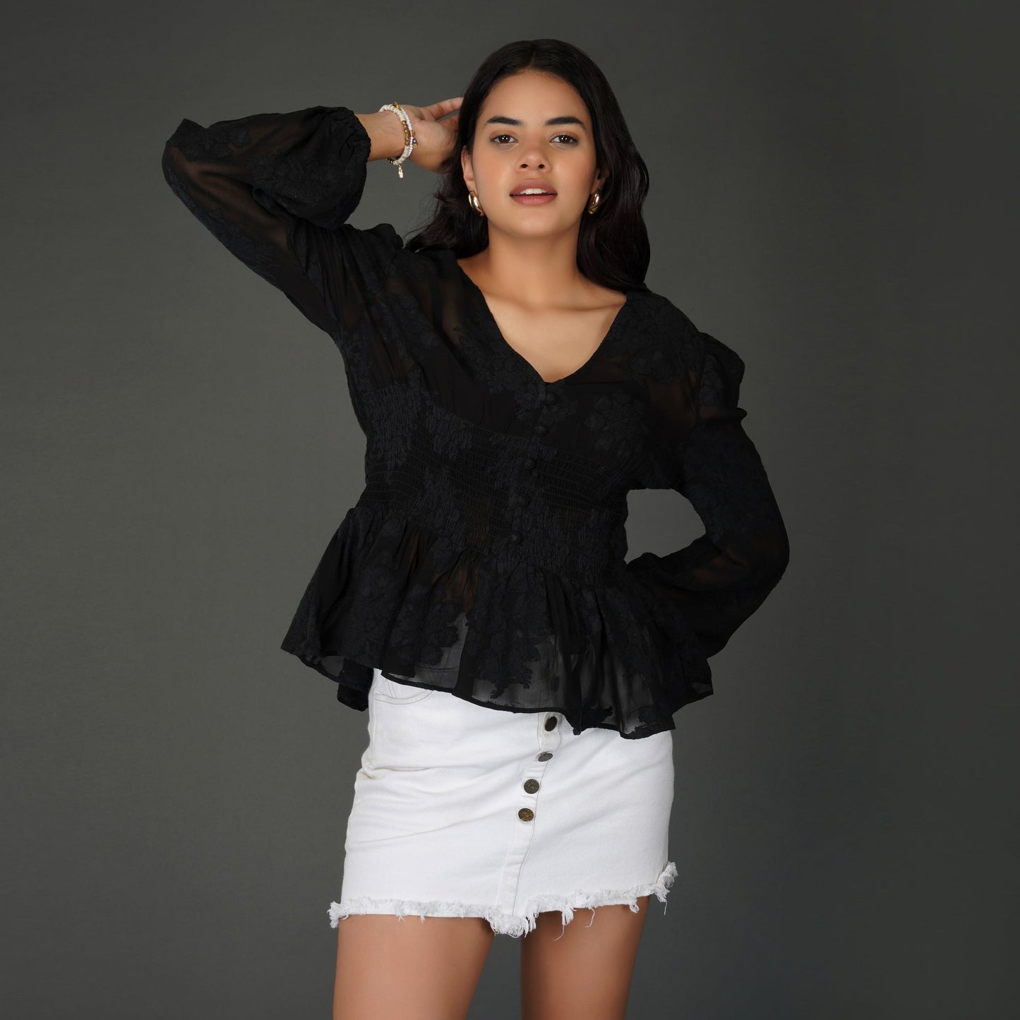 Black Floral Textured Georgette Peplum Top