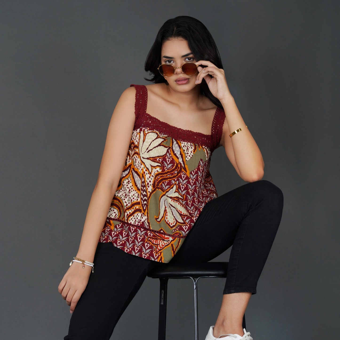 Boho Crochet Accent Square-Neck Top