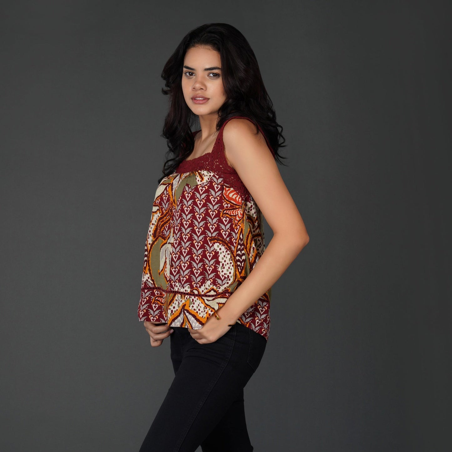 Boho Crochet Accent Square-Neck Top