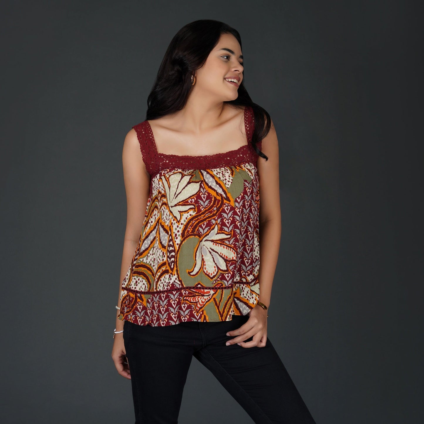 Boho Crochet Accent Square-Neck Top
