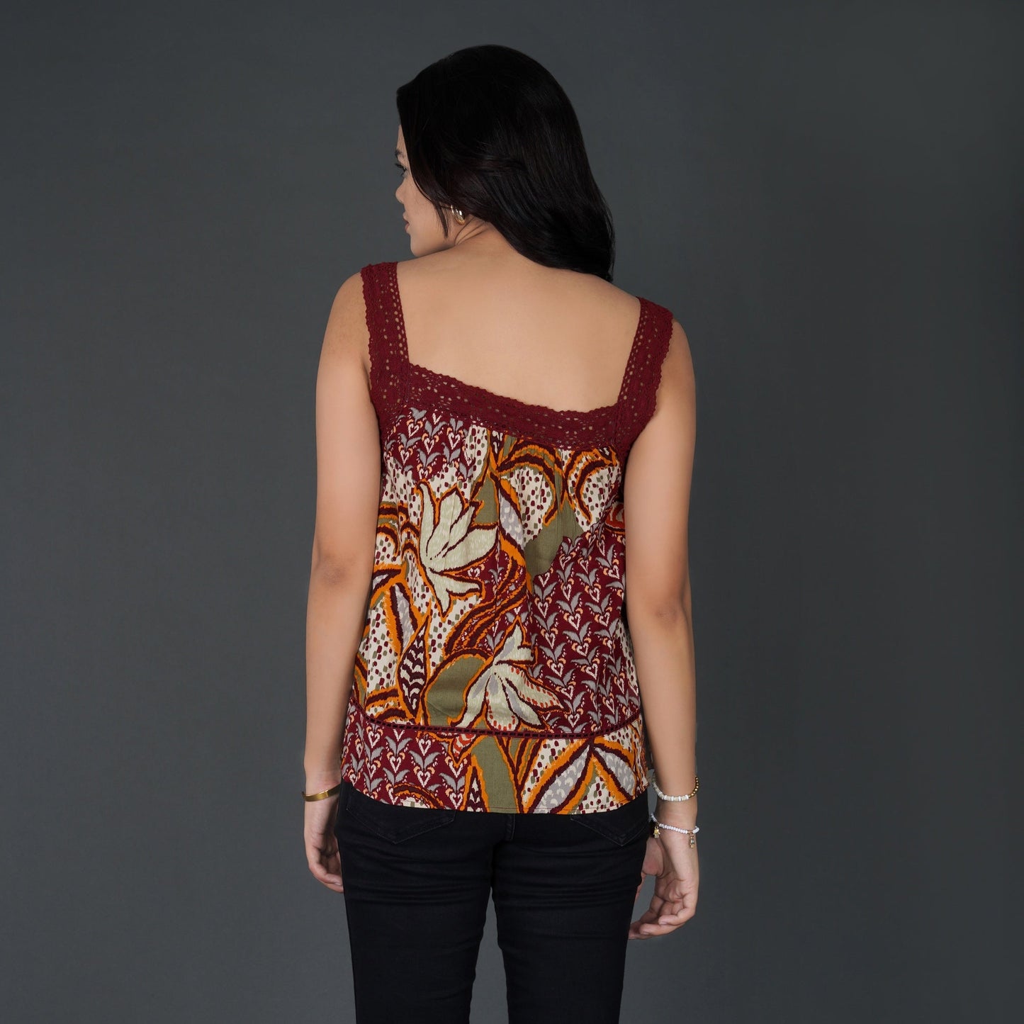Boho Crochet Accent Square-Neck Top