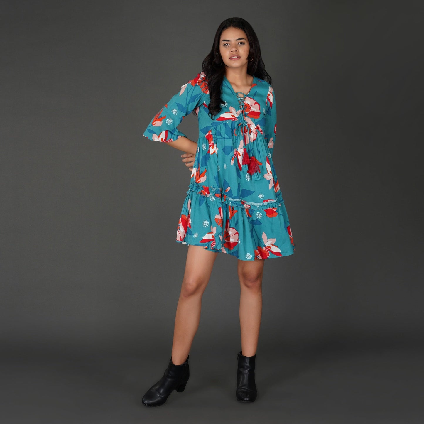 Boho Floral Sea Blue Rayon Dress with Tassel Detailing