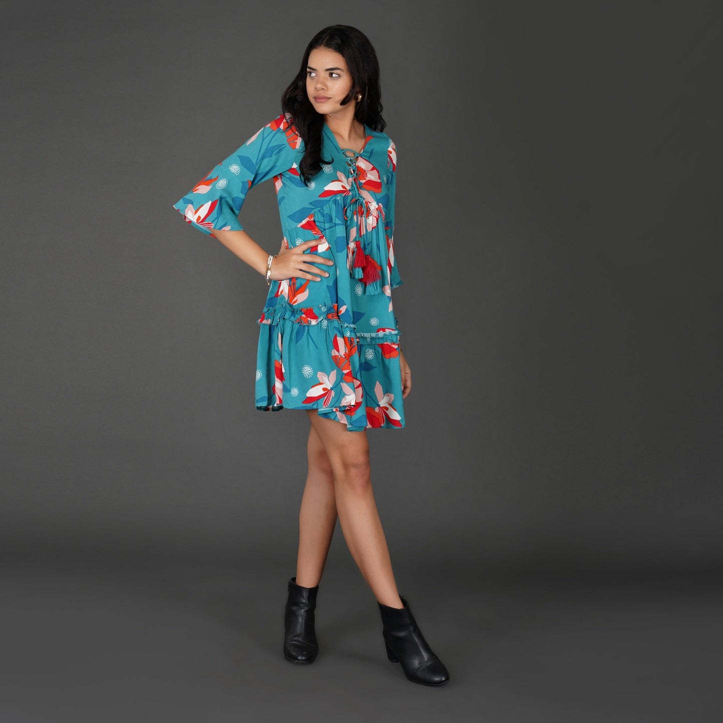 Boho Floral Sea Blue Rayon Dress with Tassel Detailing