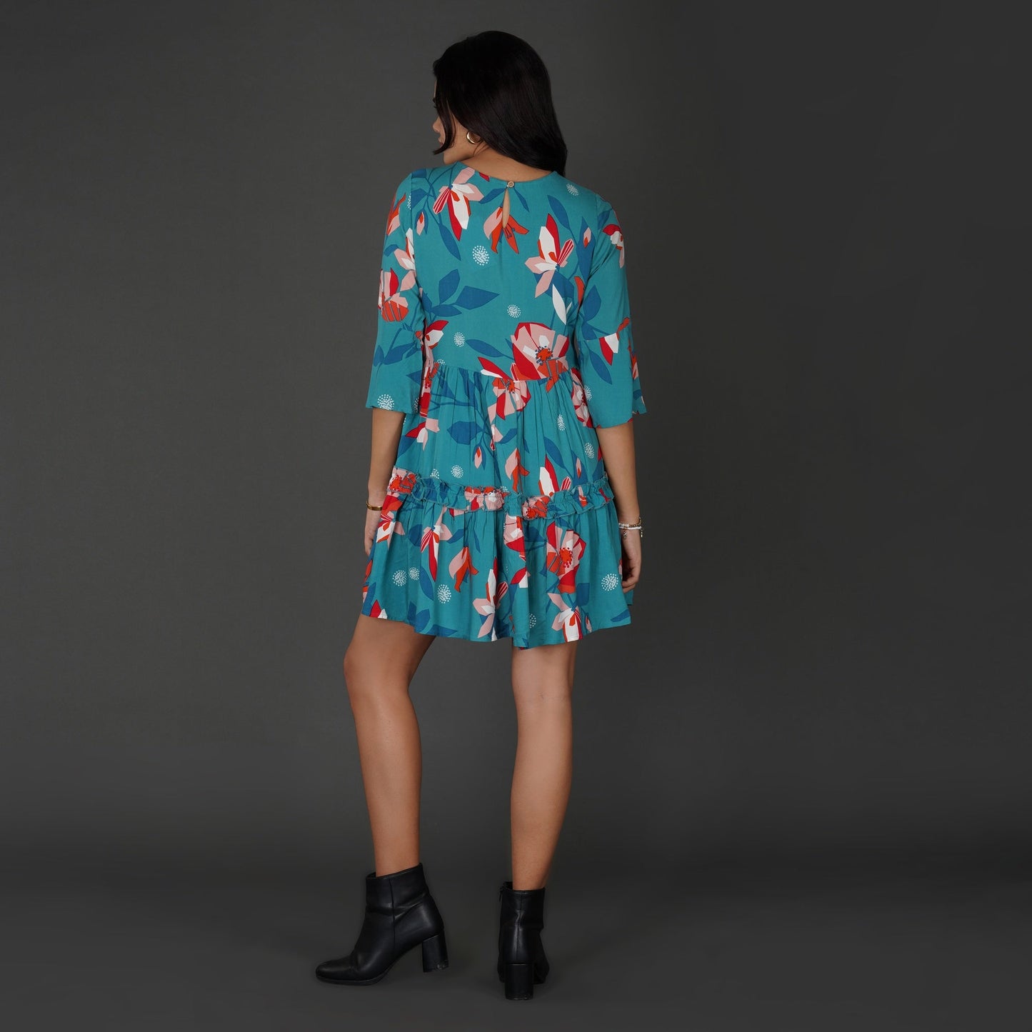 Boho Floral Sea Blue Rayon Dress with Tassel Detailing