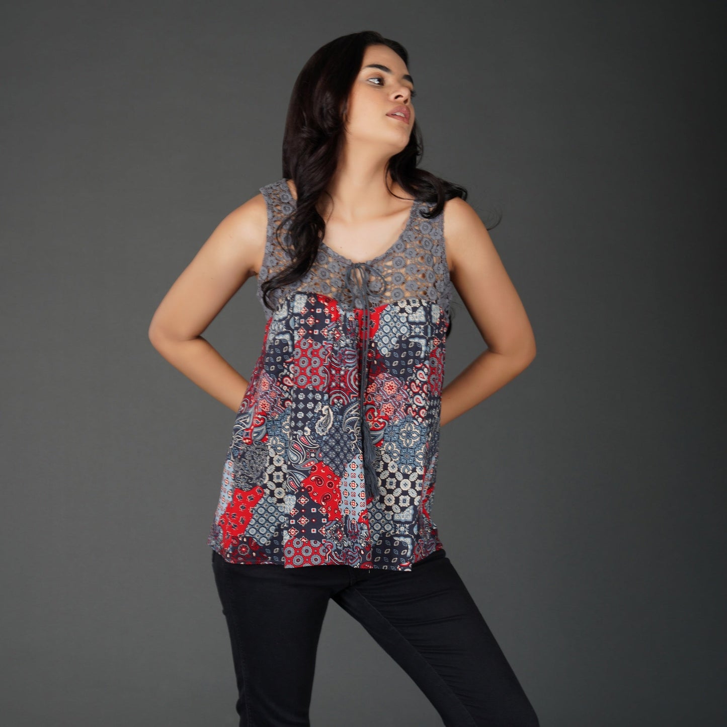 Boho Patchwork Print Crochet Lace Sleeveless Top