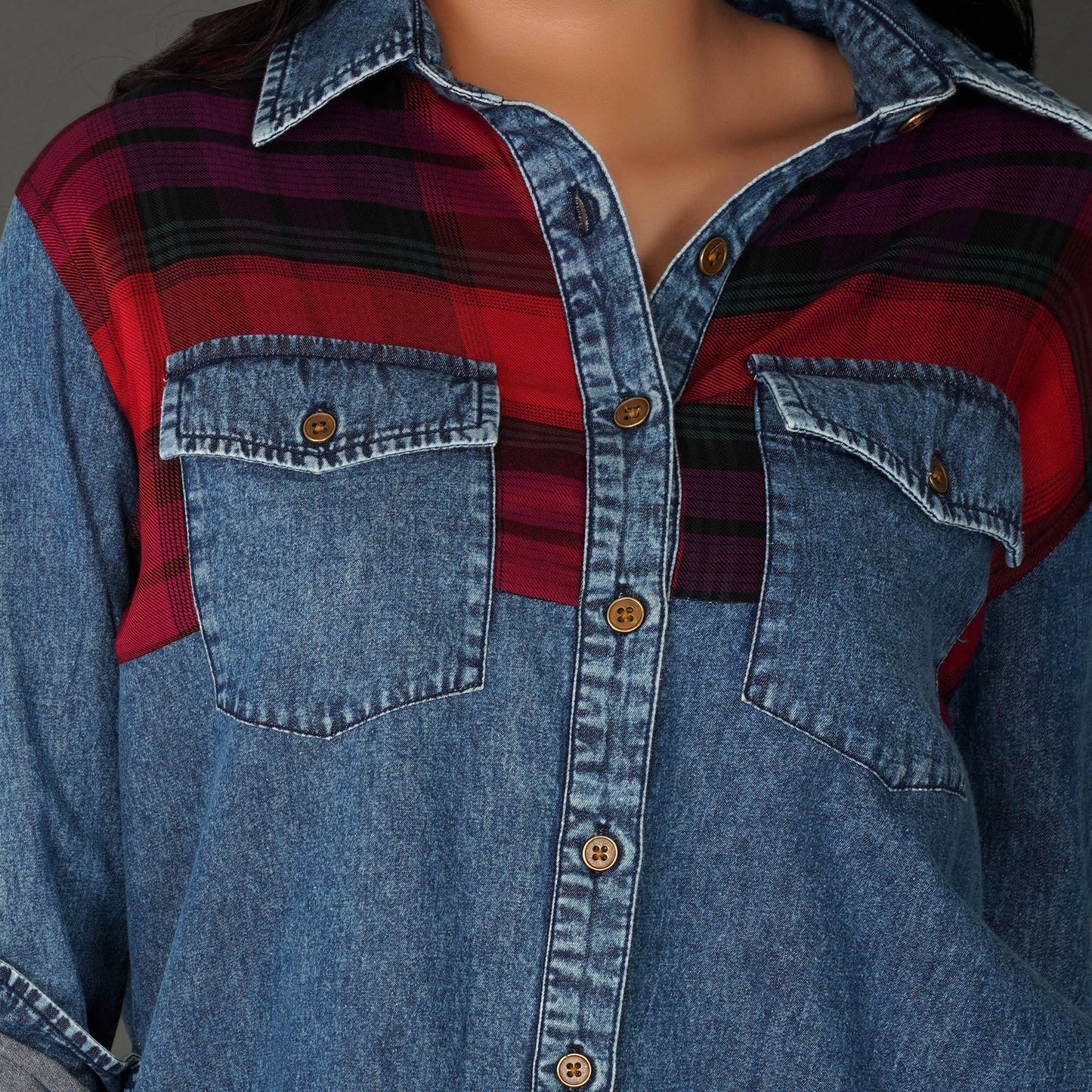 Checkered Yoke Denim Shirt with Roll-Up Sleeves