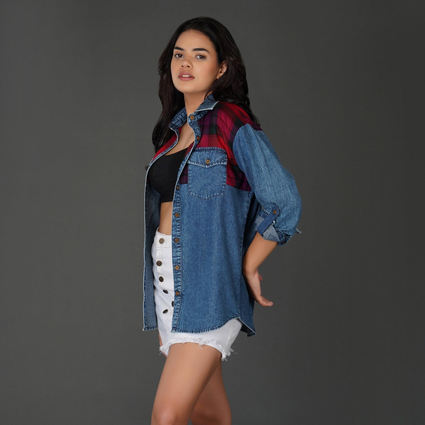 Checkered Yoke Denim Shirt with Roll-Up Sleeves