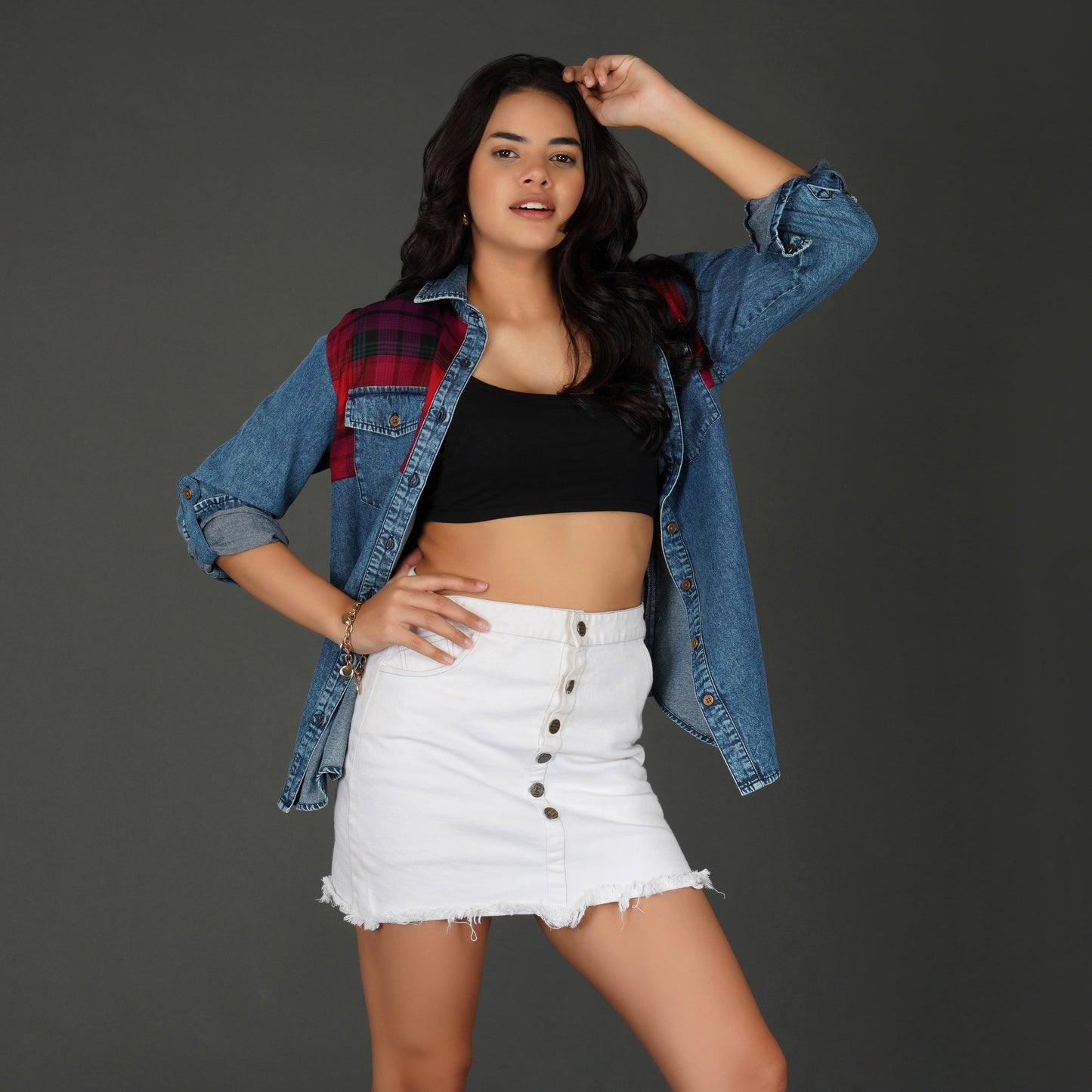 Checkered Yoke Denim Shirt with Roll-Up Sleeves
