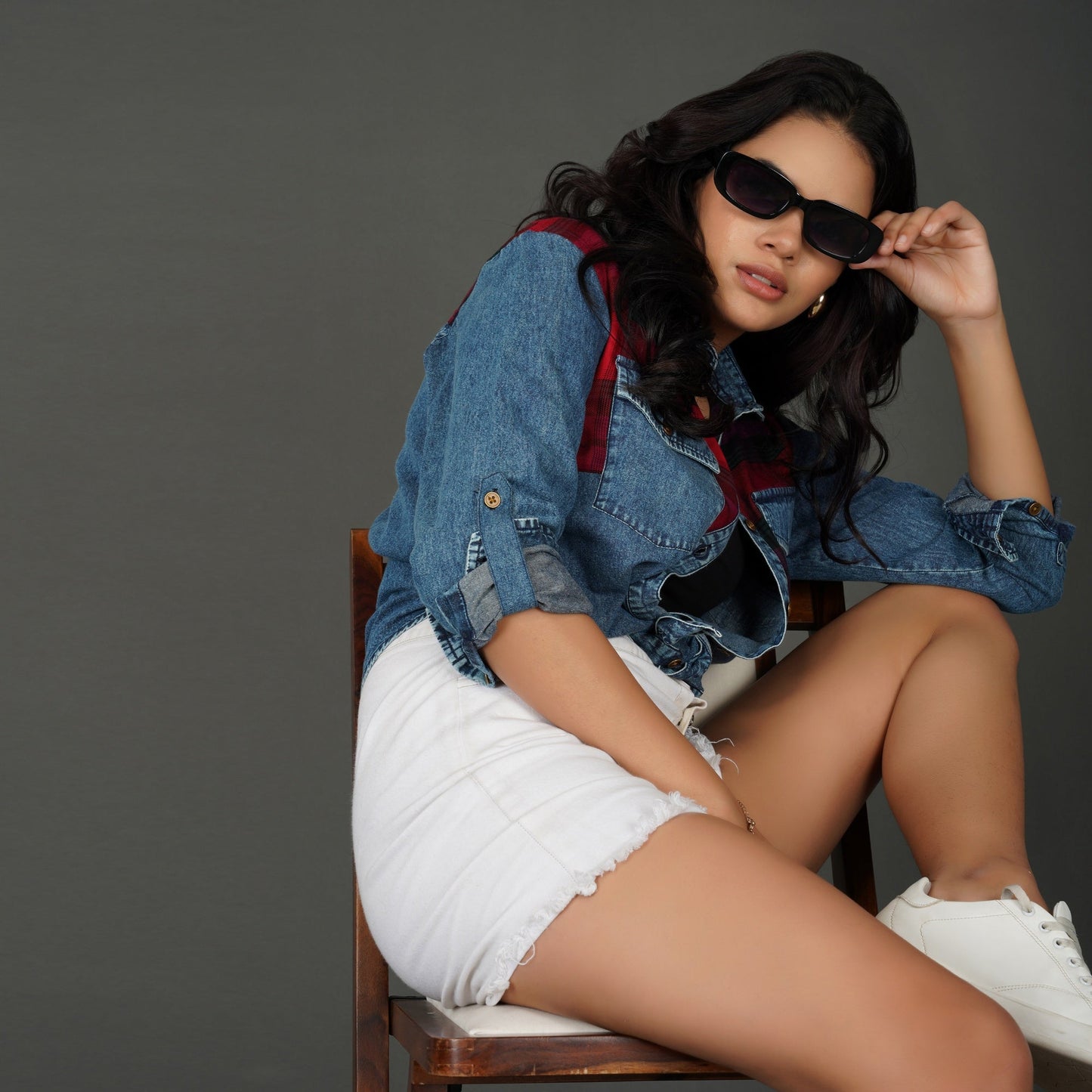 Checkered Yoke Denim Shirt with Roll-Up Sleeves