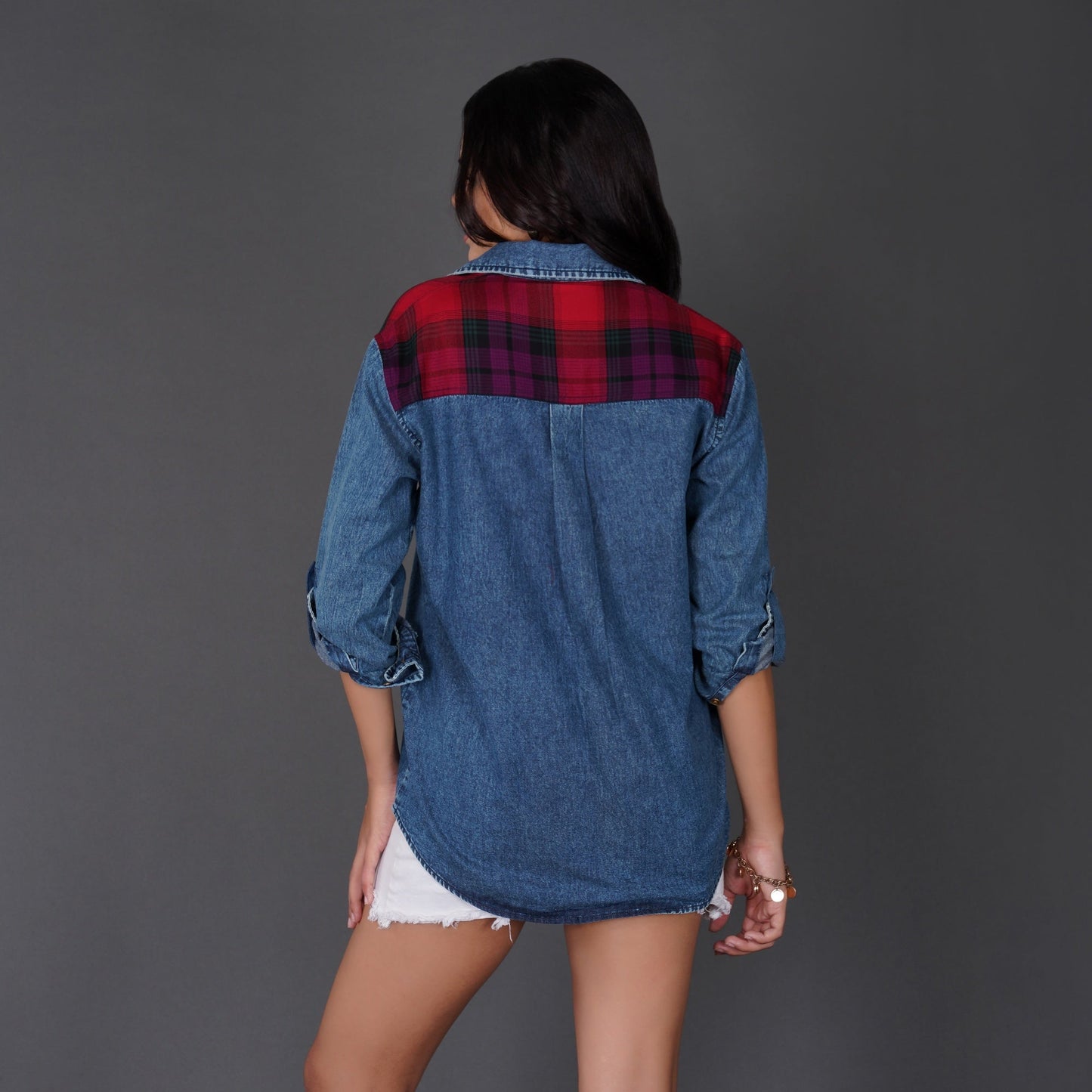 Checkered Yoke Denim Shirt with Roll-Up Sleeves